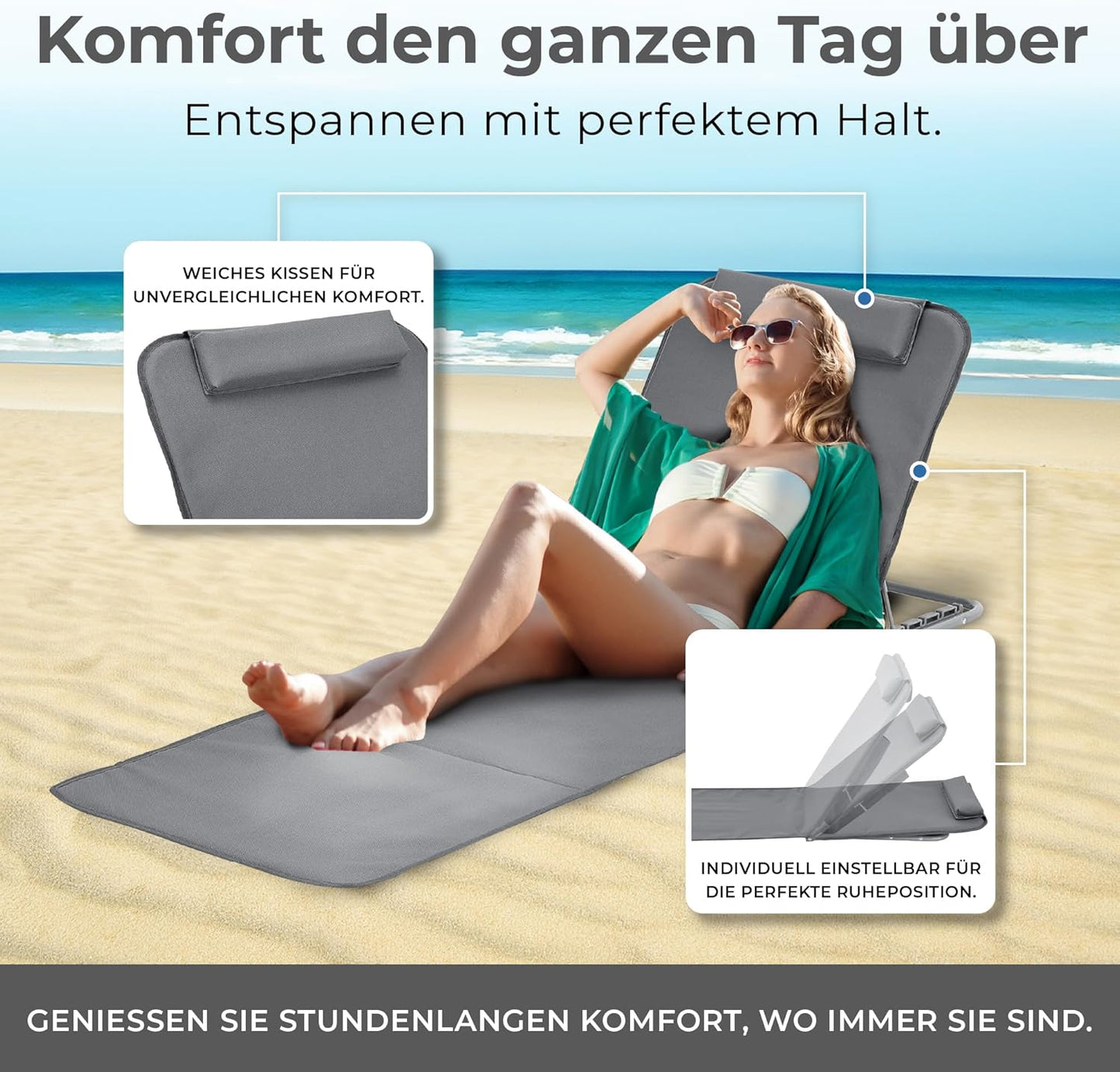 Strandmatten 2er-Set mit verstellbarer Rückenlehne, Dunkelgrau