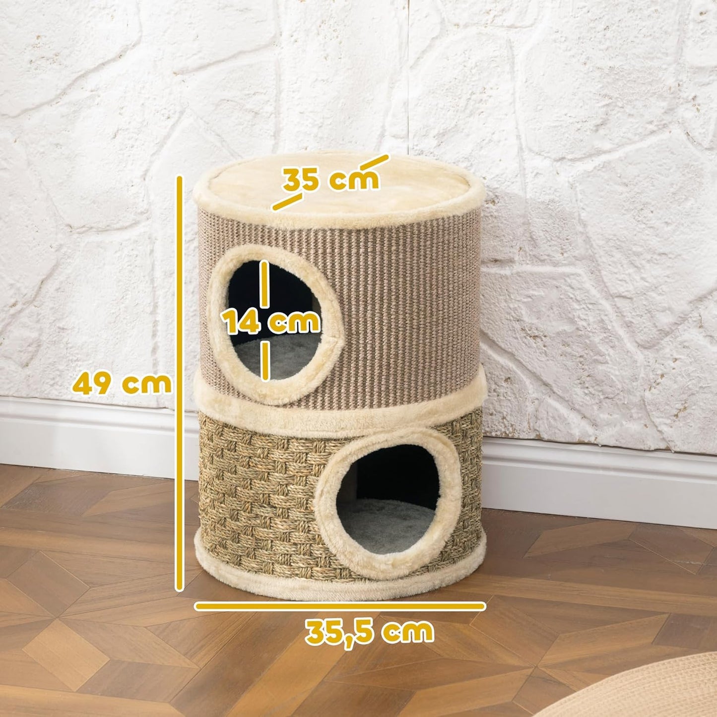 Kratztonne für Katzen, 2 Etagen, Sisalseil & Plüsch, 35,5L x 35,5B x 49H cm Ohne Innenloch