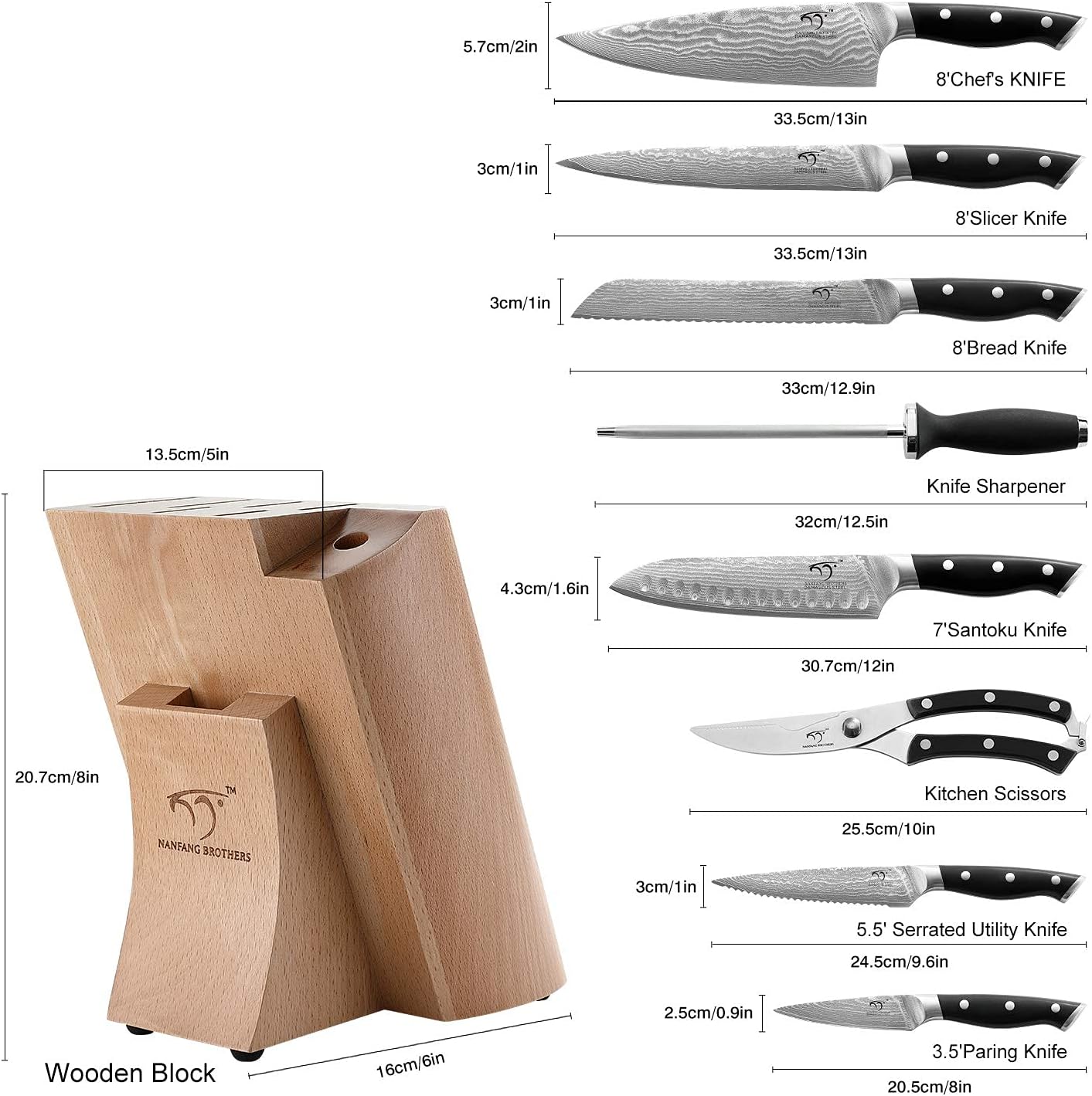 Messerblock Set, Holz, 9er Damastmesser Set