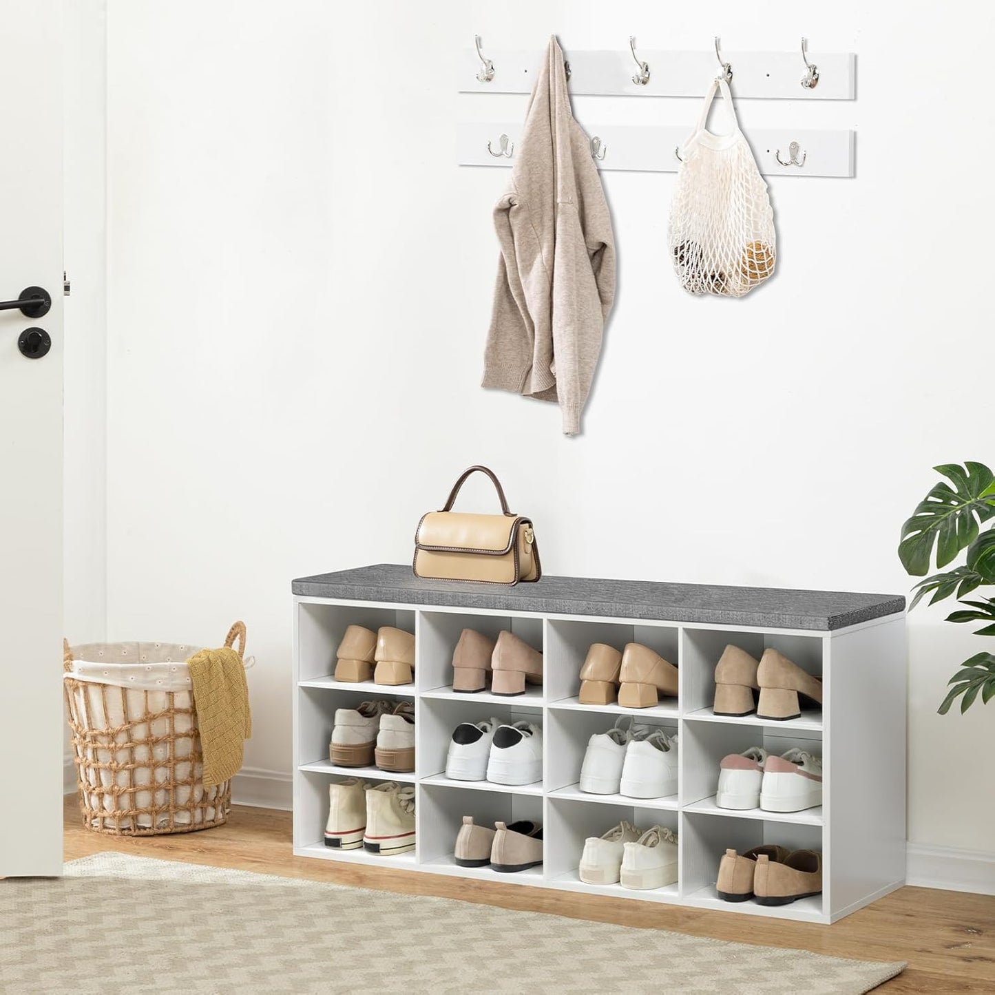 Garderobe-Schuhregal-Set mit Schuhbank und Hakenleiste, Weiss + Grau 100 x 30 x 48 cm (L x W x H)