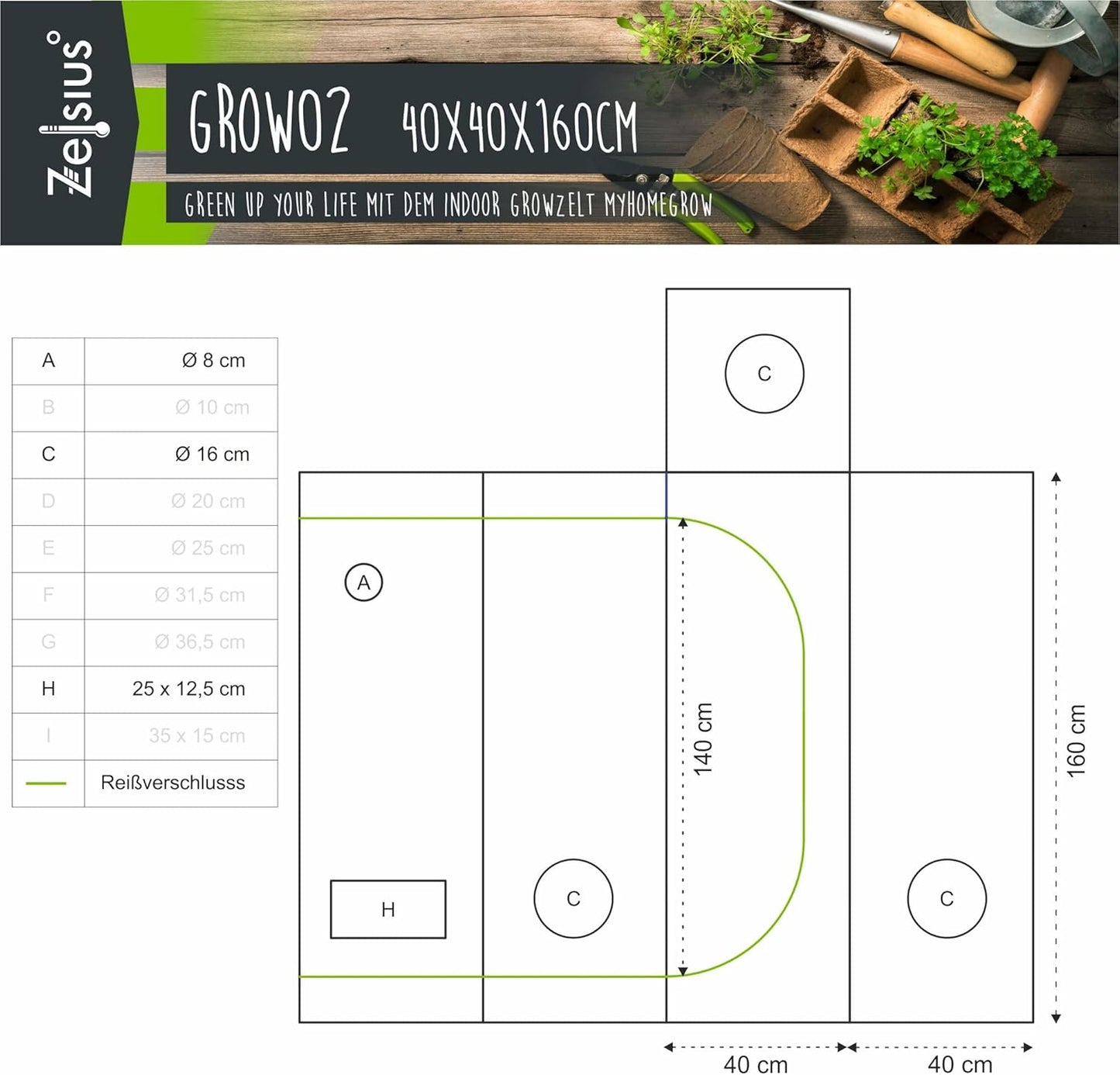 Indoor Growzelt MyHomeGrow (40x40x160 cm), Grau 40 x 40 x 160 cm