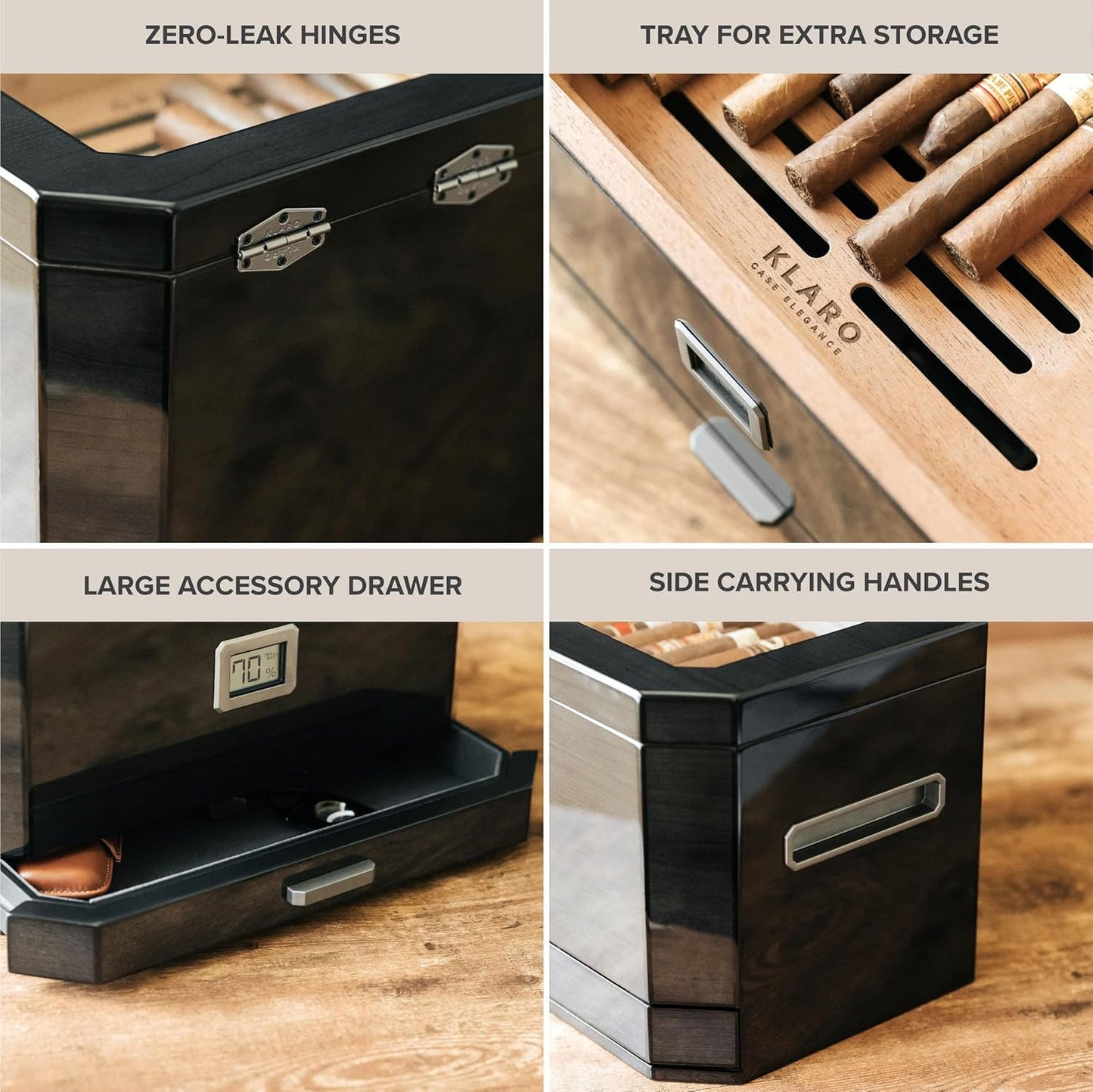 Humidor mit digitalem Hygrometer und Zubehörschublade, Schwarz