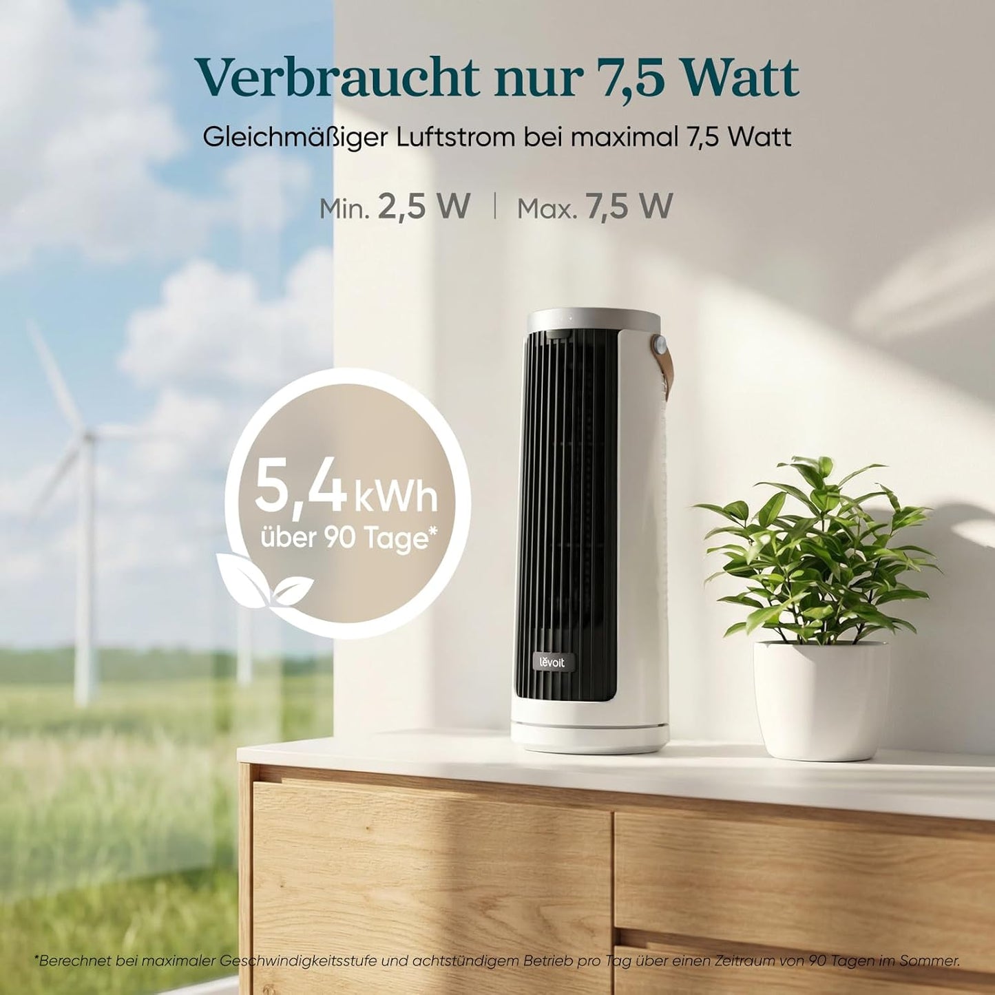 Turmventilator mit Timer, Mondweiss Höhe 33 cm