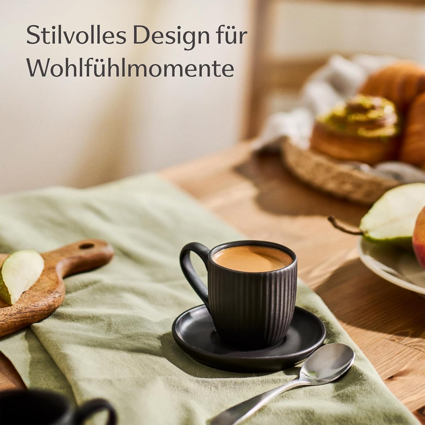 6er-Set Espressotassen mit Untertassen, Schwarz Espresso 90 ml