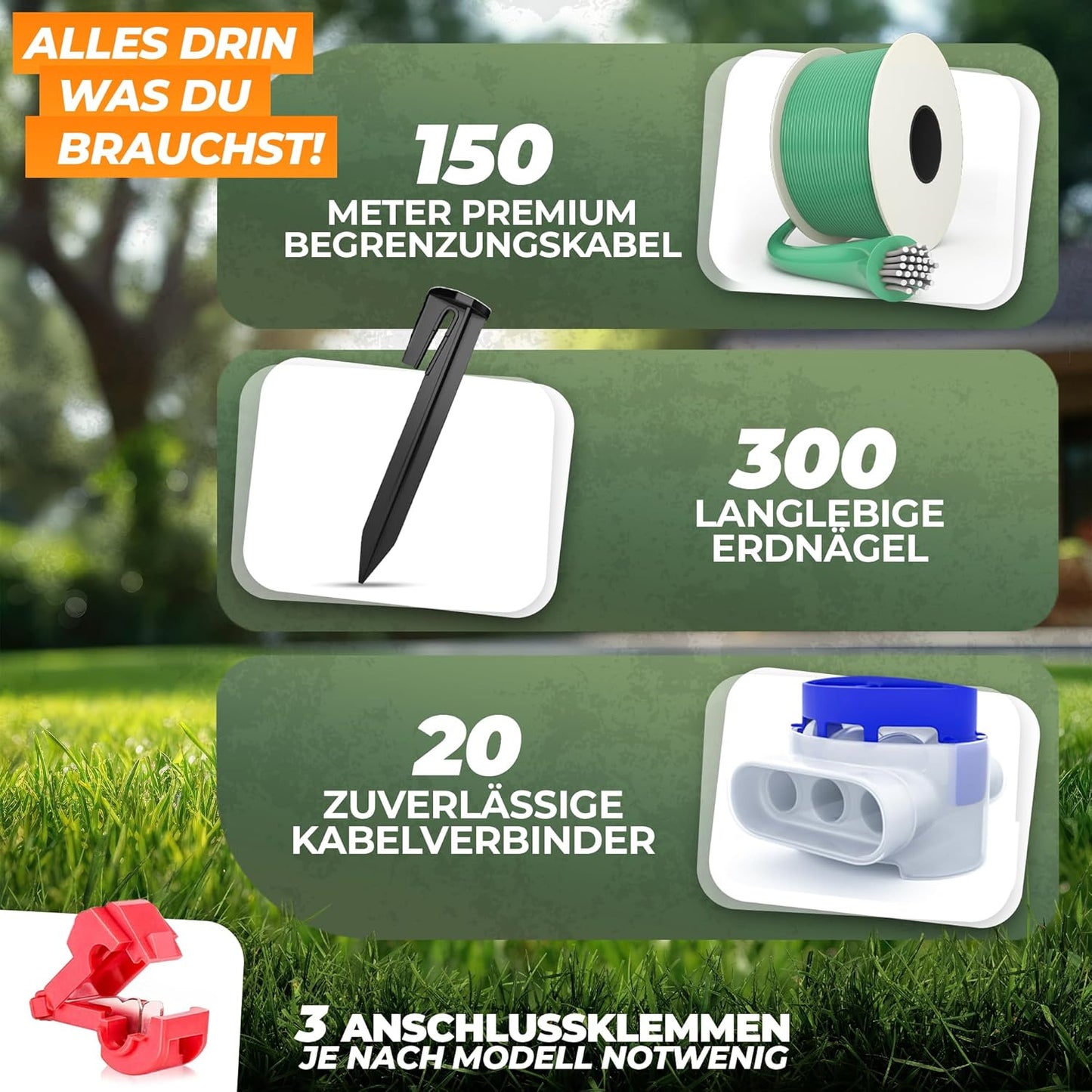 Mähroboter Begrenzungskabel Set, 150m Kabel + 300 Erdnägel + 20 Kabelverbinder
