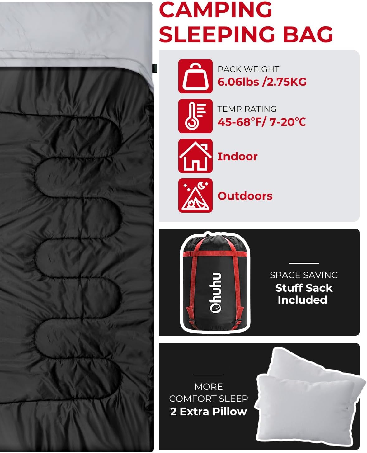 Doppelschlafsack für 2 Personen, Schwarz