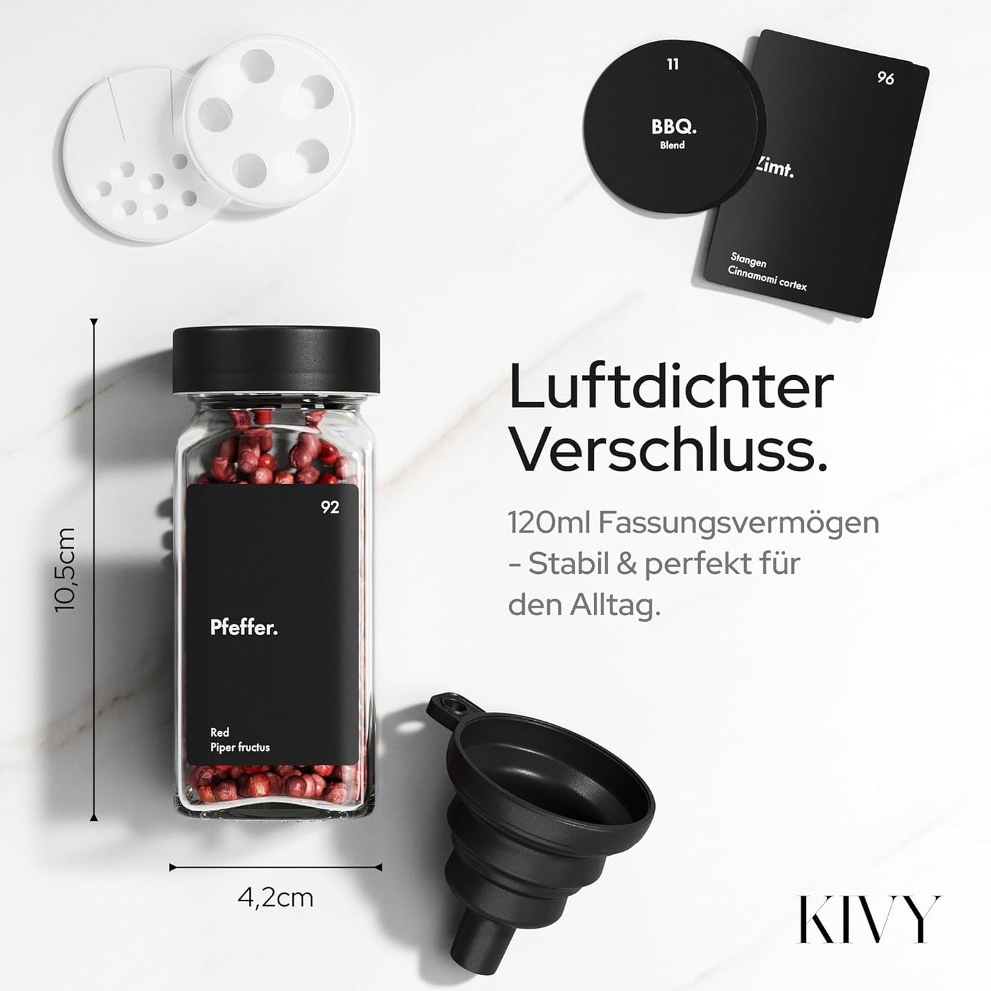 Gewürzregal mit 24 Gläsern und Etiketten, Schwarzer Deckel (Gläser + Regal)