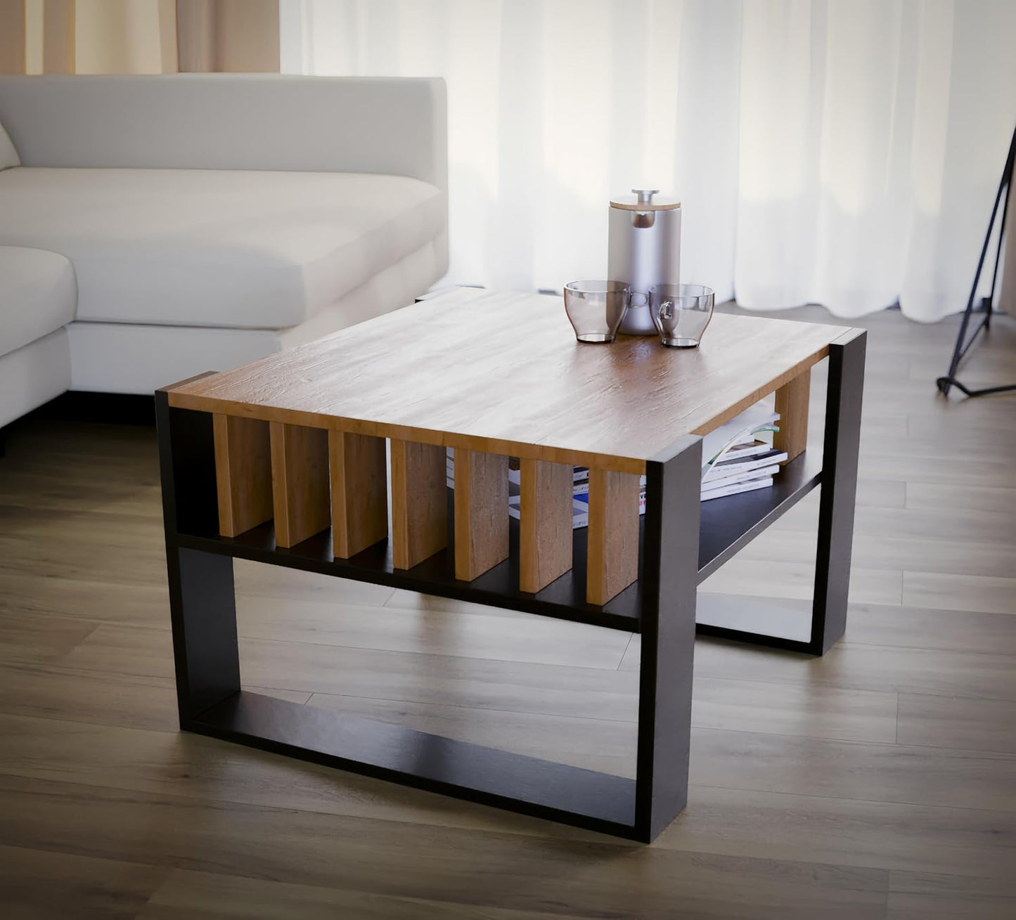 Kleiner Couchtisch mit Stauraum und Lamellen-Design, Schwarz + Eiche