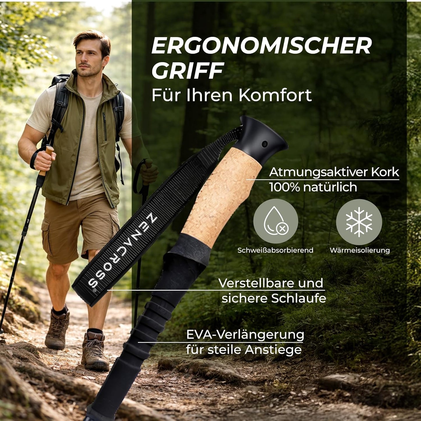 Teleskopische Wanderstöcke mit Korkgriff, Carbon
