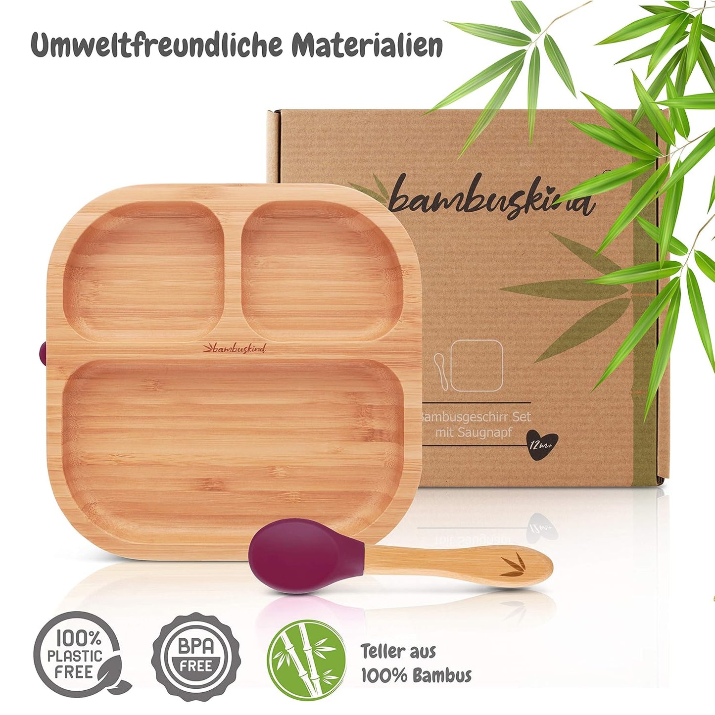 Kinderteller mit Saugnapf und Löffel, Kirsche