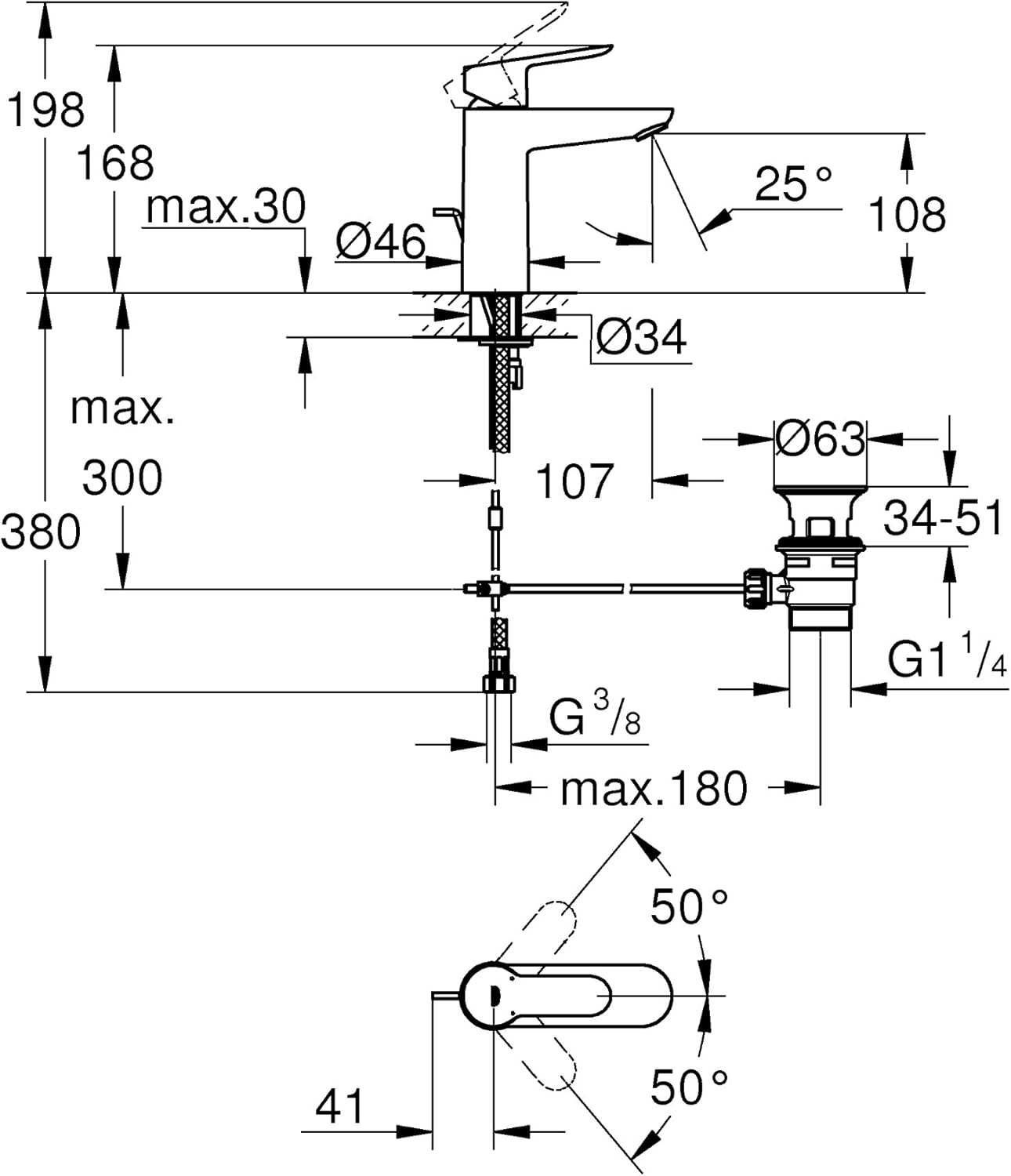 Einhand-Waschtischbatterie BAUEDGE, Bauedge M-Size Mit Zugstange