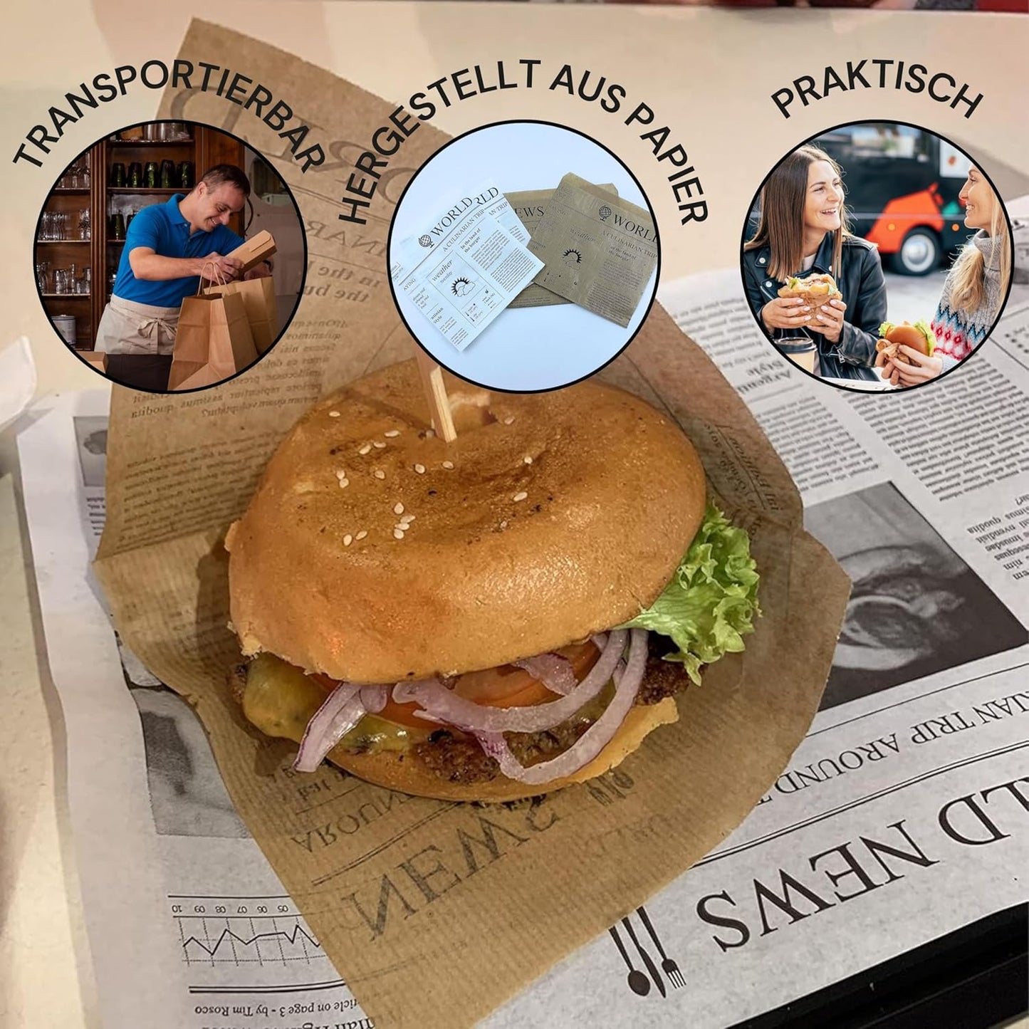 Snack- & Hamburgertaschen Newspaper, 2-seitig offen, Braun 2000