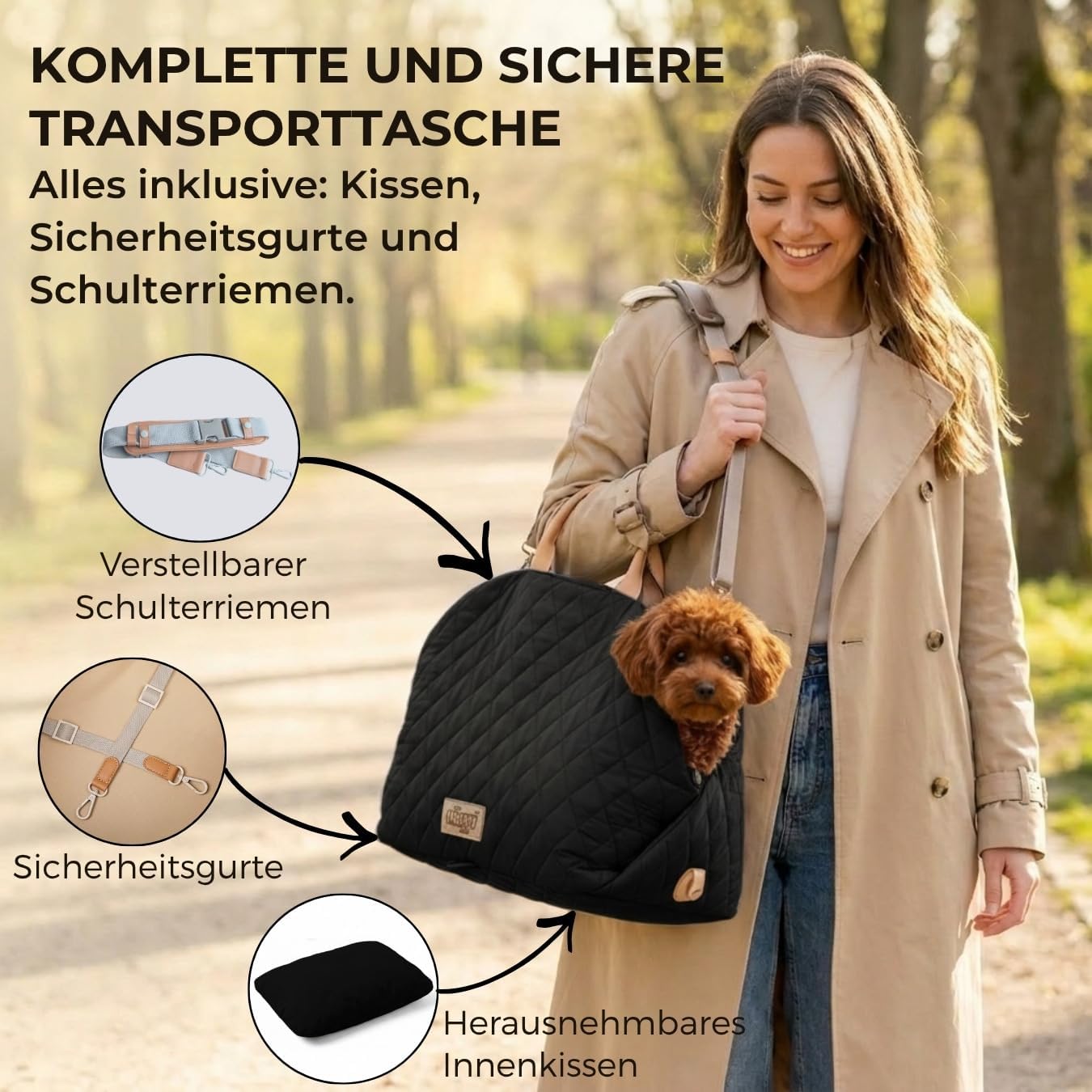 Hundetransporttasche fürs Auto mit Sicherheitsleine, Schwarz