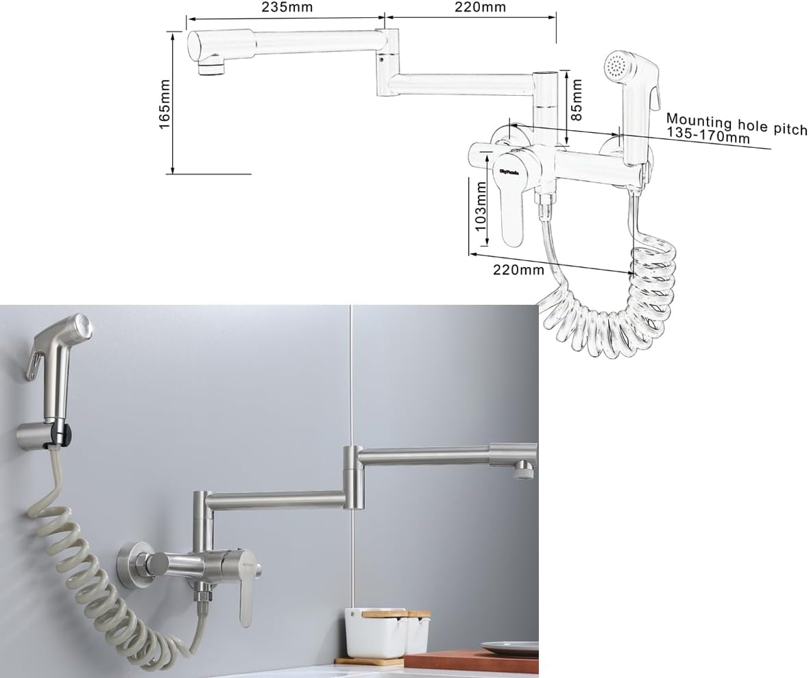 Faltbare Küchenarmatur zur Wandmontage mit 360° Drehrohr, Folded Wall Mounted Brushed Nickel