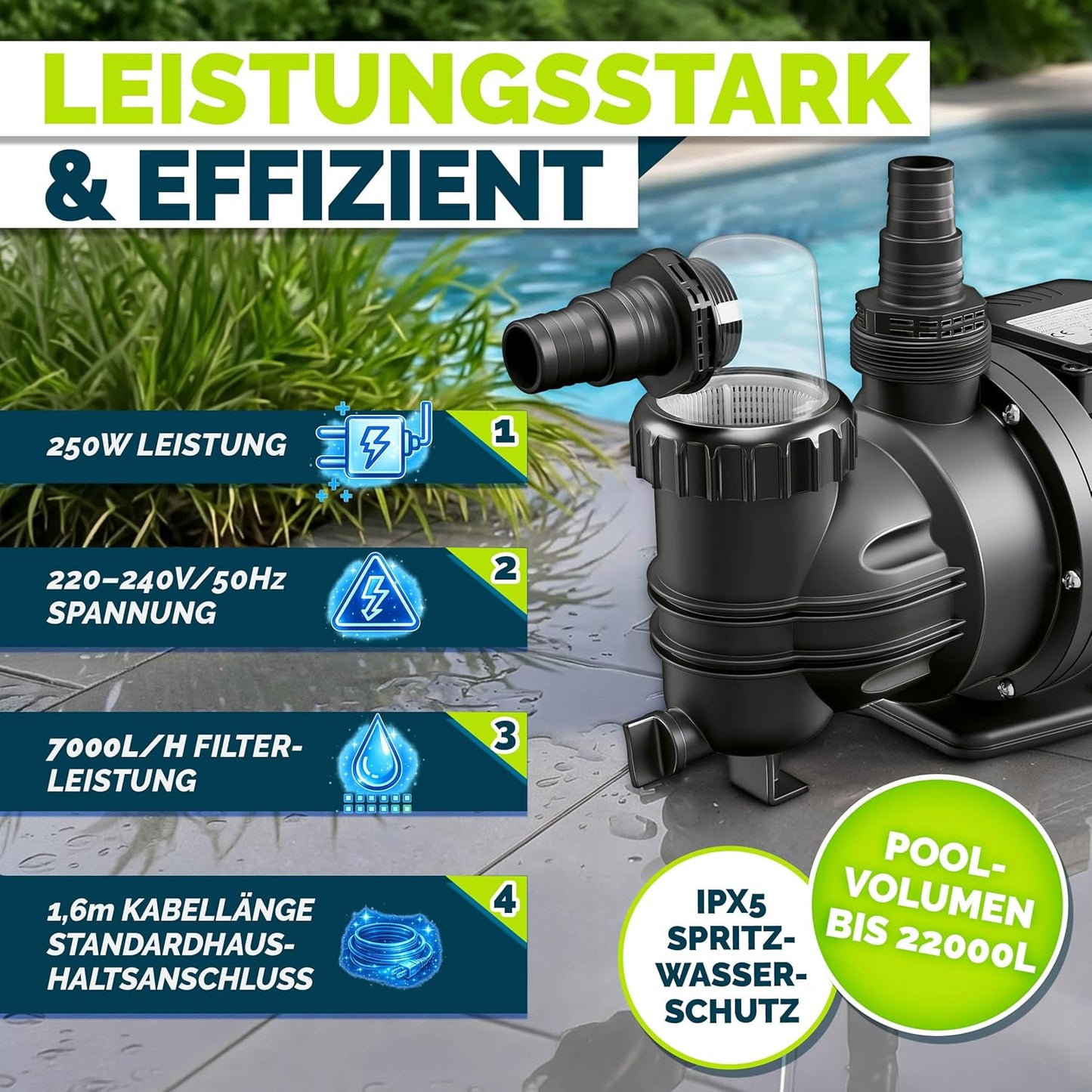 Filterpumpe für Pools bis 22m³, Ohne Timer 7.000 L/h - bis 22 m³ Pools