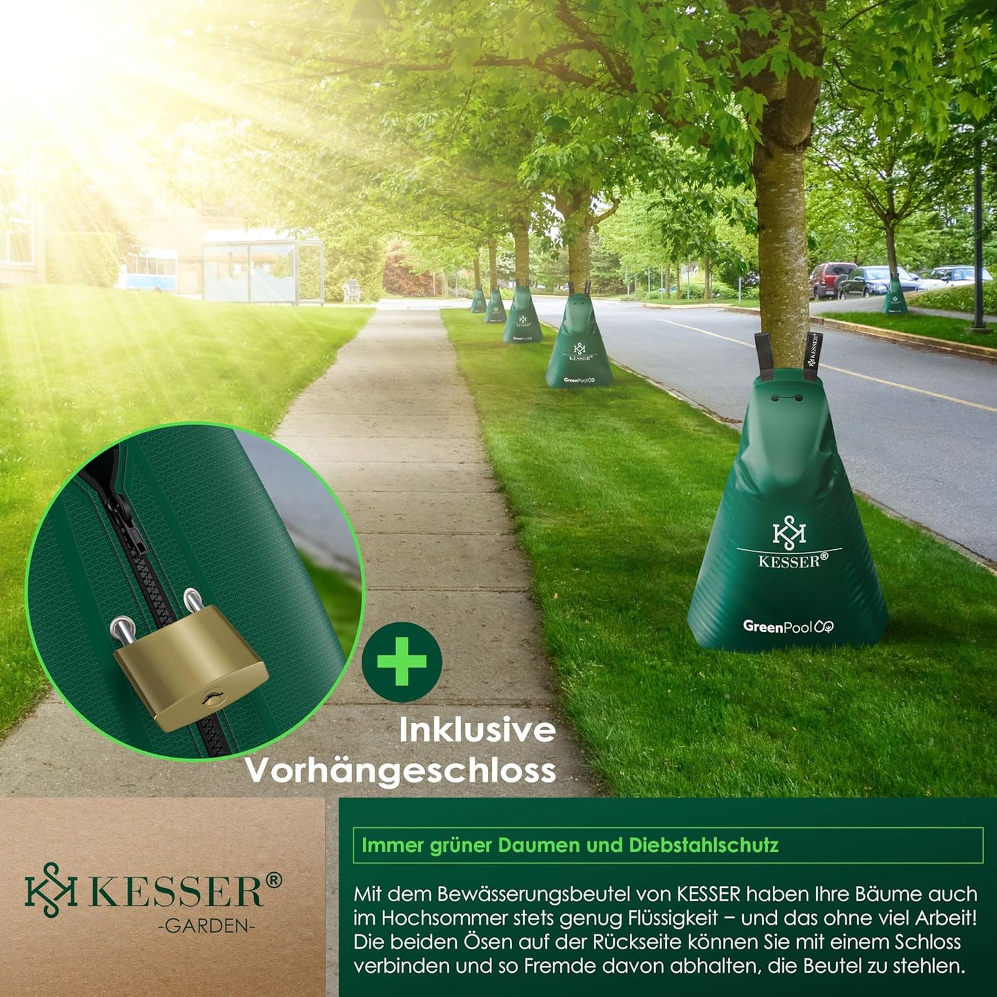 Baumbewässerungssack Set mit Diebstahlschutz, 100 Liter 8er Set Grün