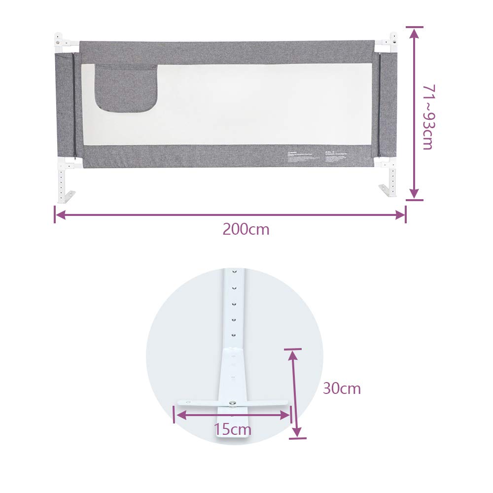 Kinderbettgitter zum Schutz vor Stürzen, 200x76cm (1er Pack) ; Grau ; Single
