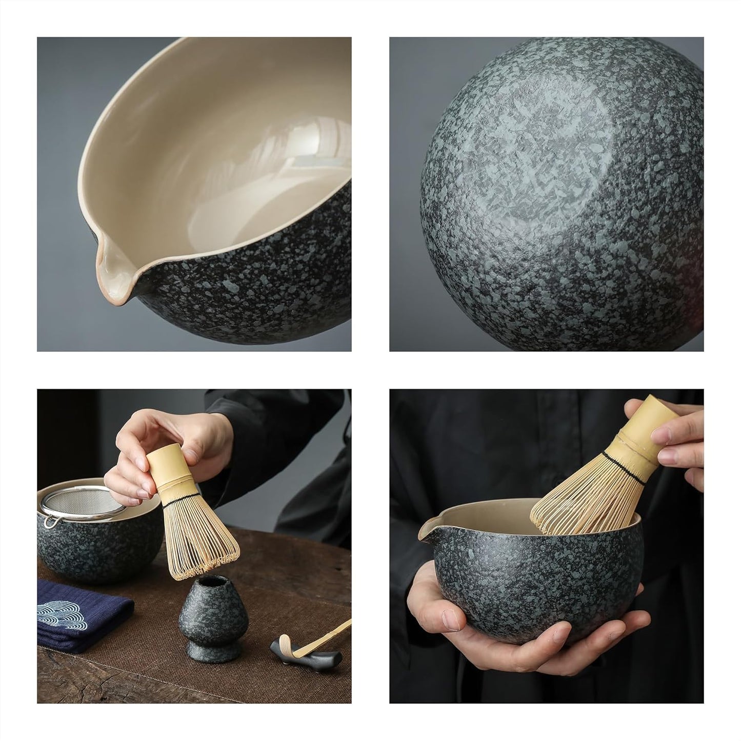 Matcha Tee Set mit Zubehör (12-teilig), Tragbares & Aufbewahrungsset Rocky-schwarz/Grau+++