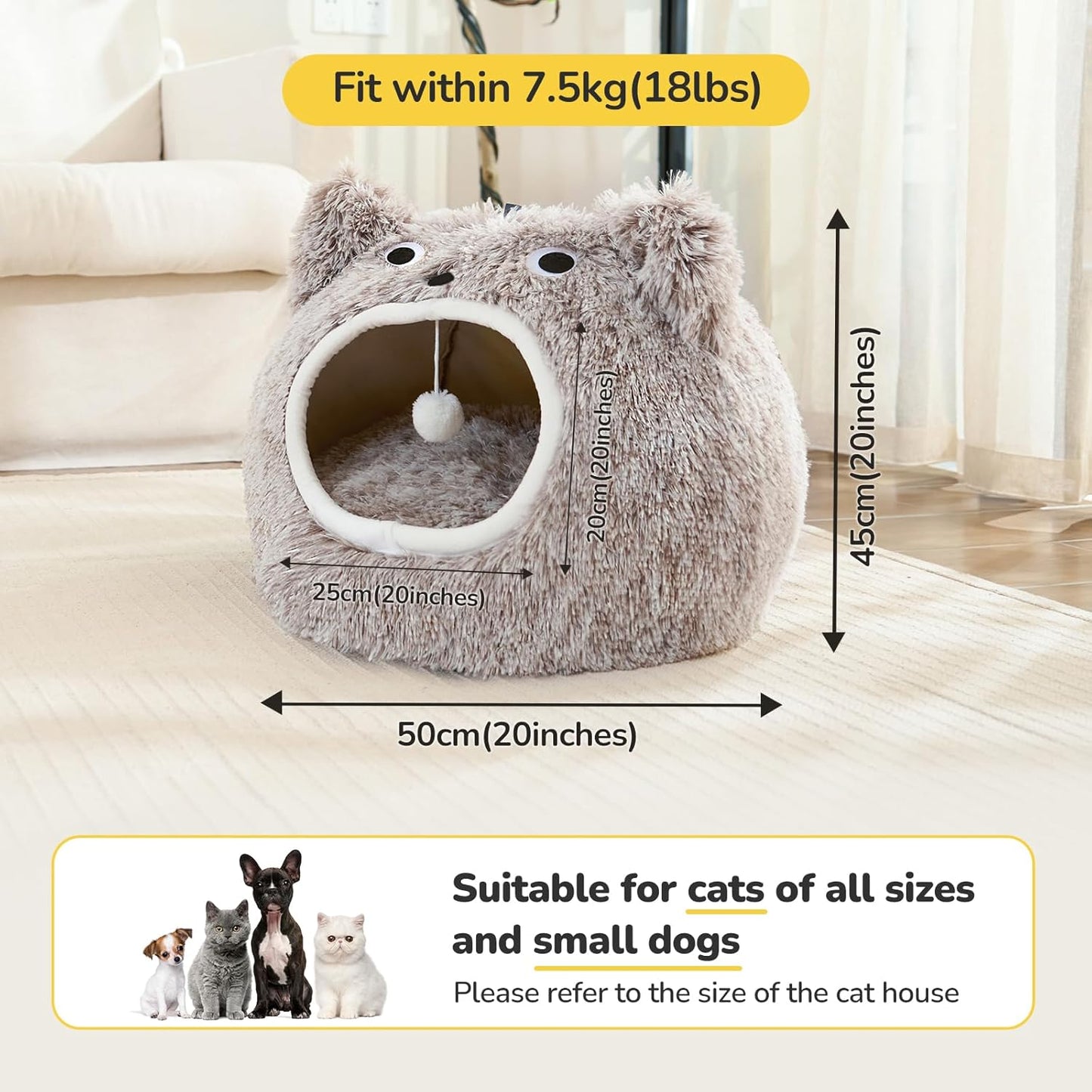 Katzenhöhle Plüsch-Kuschelbett, 25L*25W*30H cm Kaffeefarbe