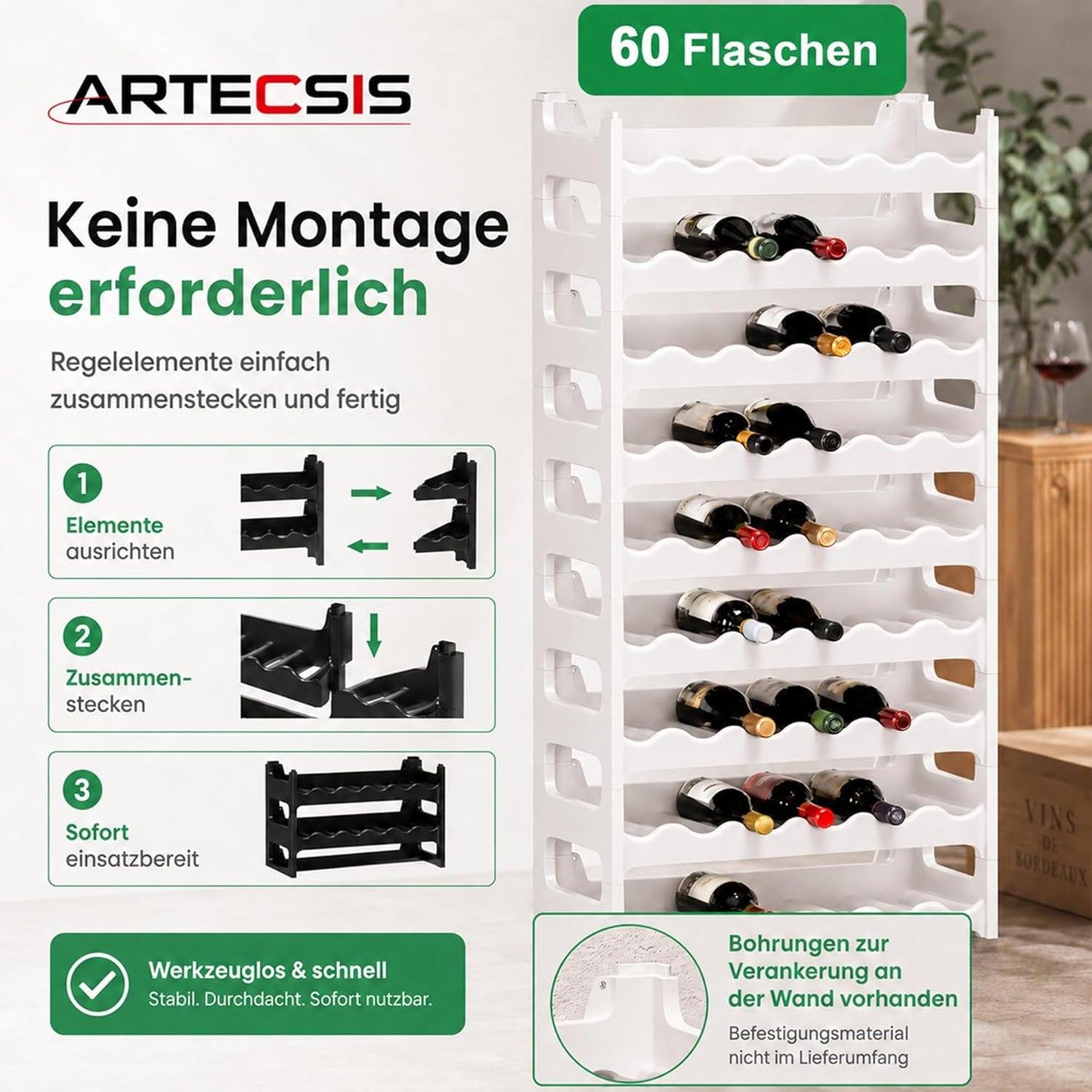 Stapelbares Weinregal, Weiss 60 Flaschen