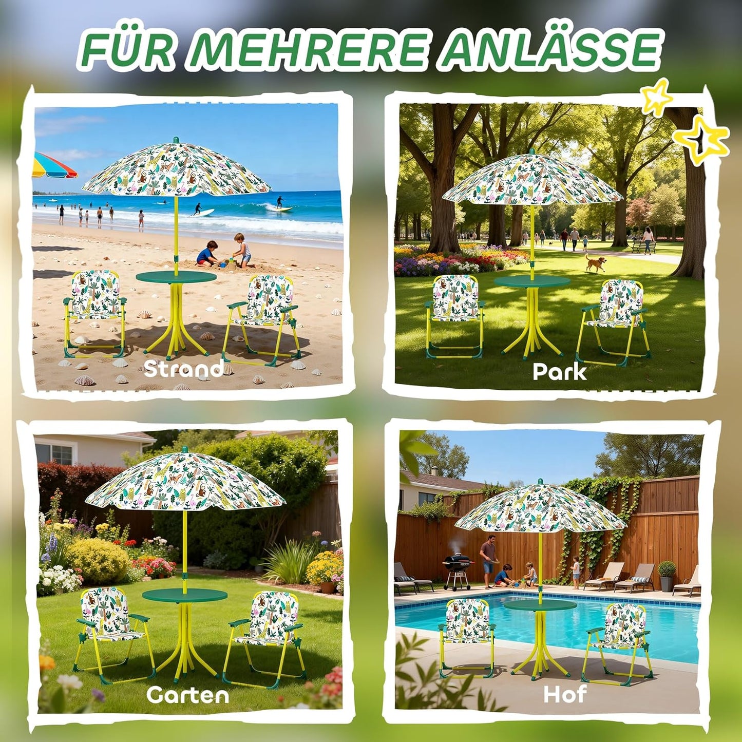 Kindersitzgruppe mit höhenverstellbarem Sonnenschirm, Grün-dschungelmuster