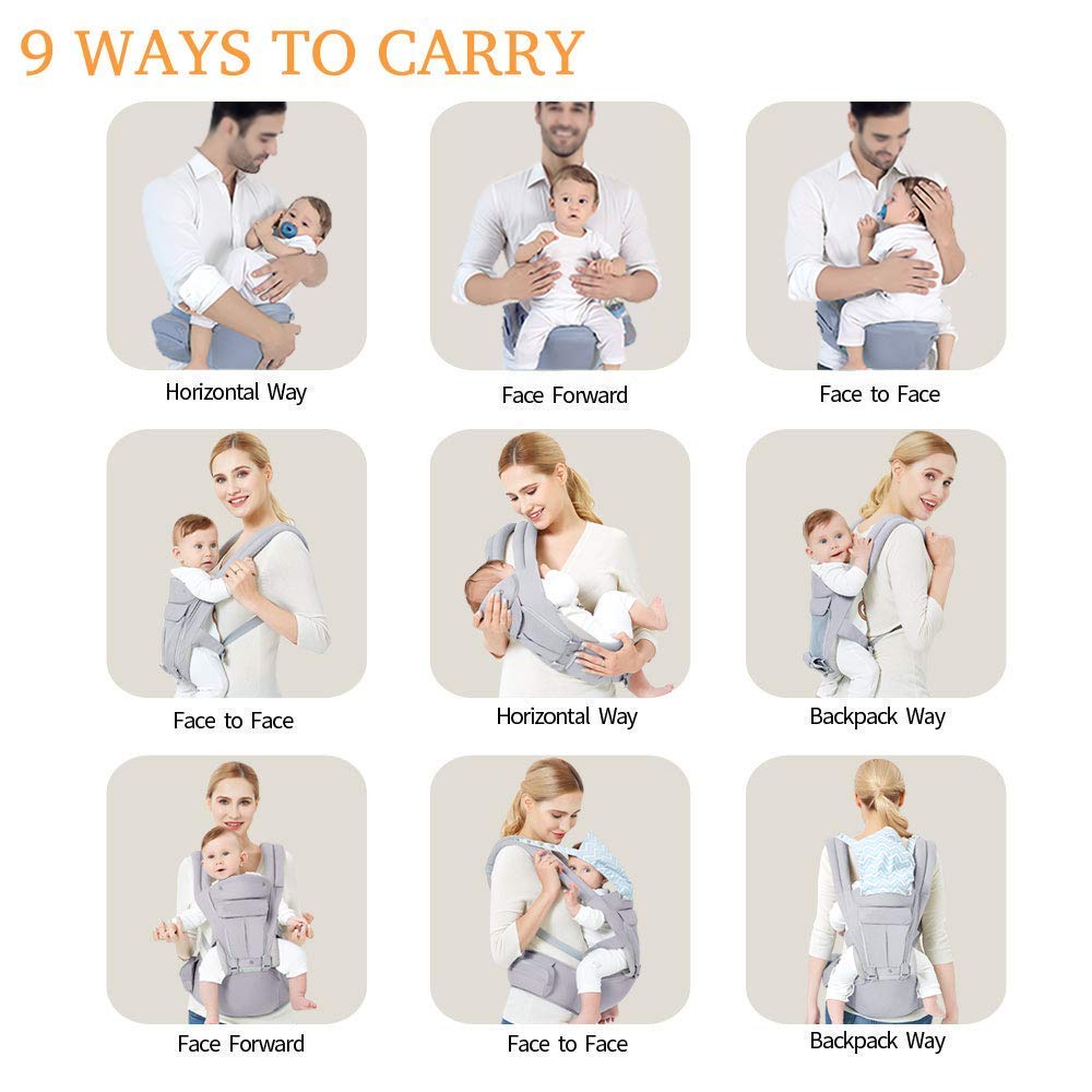 Ergonomische Babytrage mit Hüftsitz, Grau mit Hüftsitz