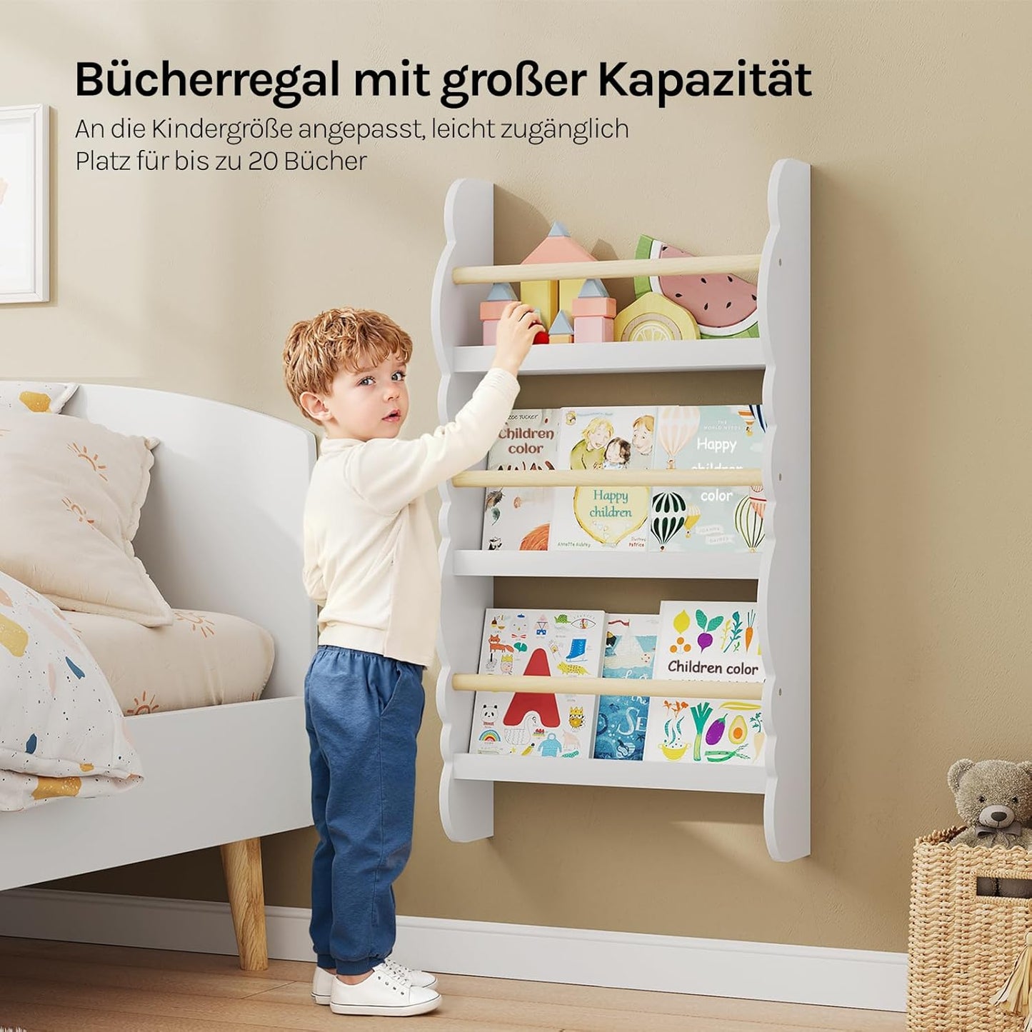 Kinder Bücherregal Wand mit 3 Ablagen, Weiß 42.5x80cm