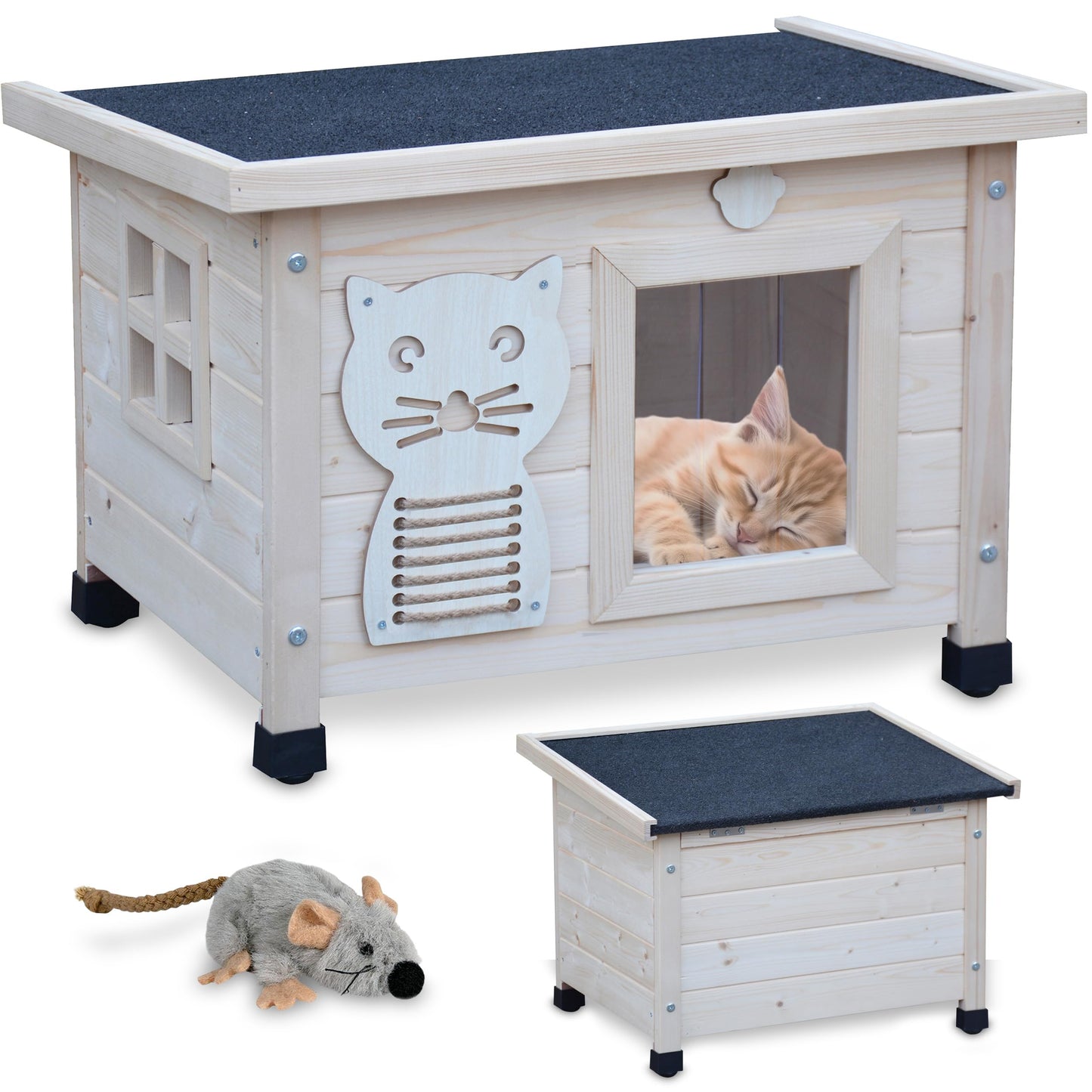 Premium Katzenhaus aus Holz mit Schwingtür, Natur Standard