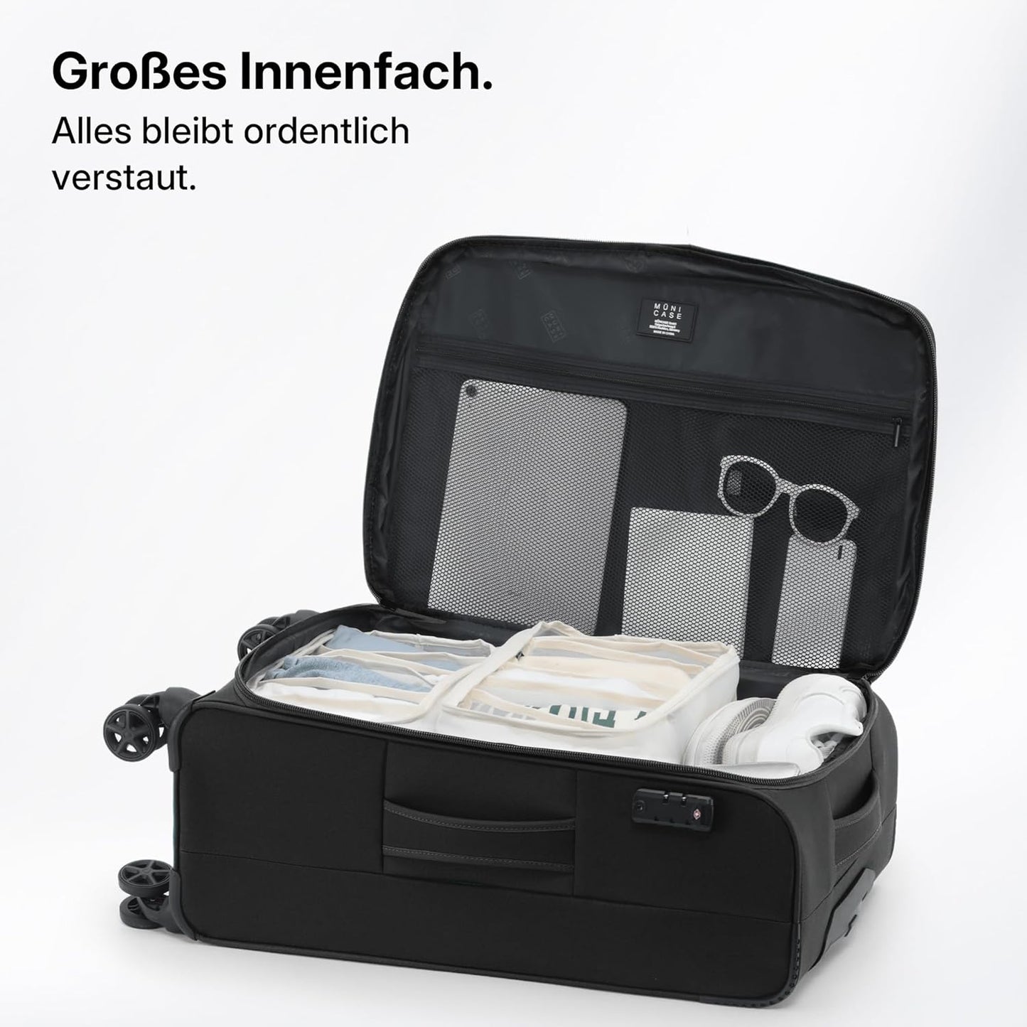 Erweiterbarer Stoffkoffer mit TSA-Schloss & Rollen, Schwarz Koffer L (69 cm) erweiterbar