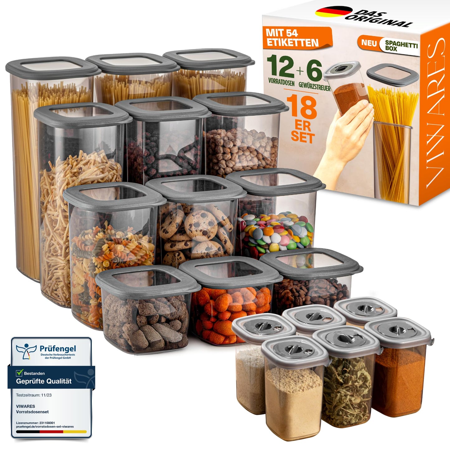 Vorratsdosen-Set (18-teilig, luftdicht, stapelbar), 12er Set + 6 Gewürzstreuer