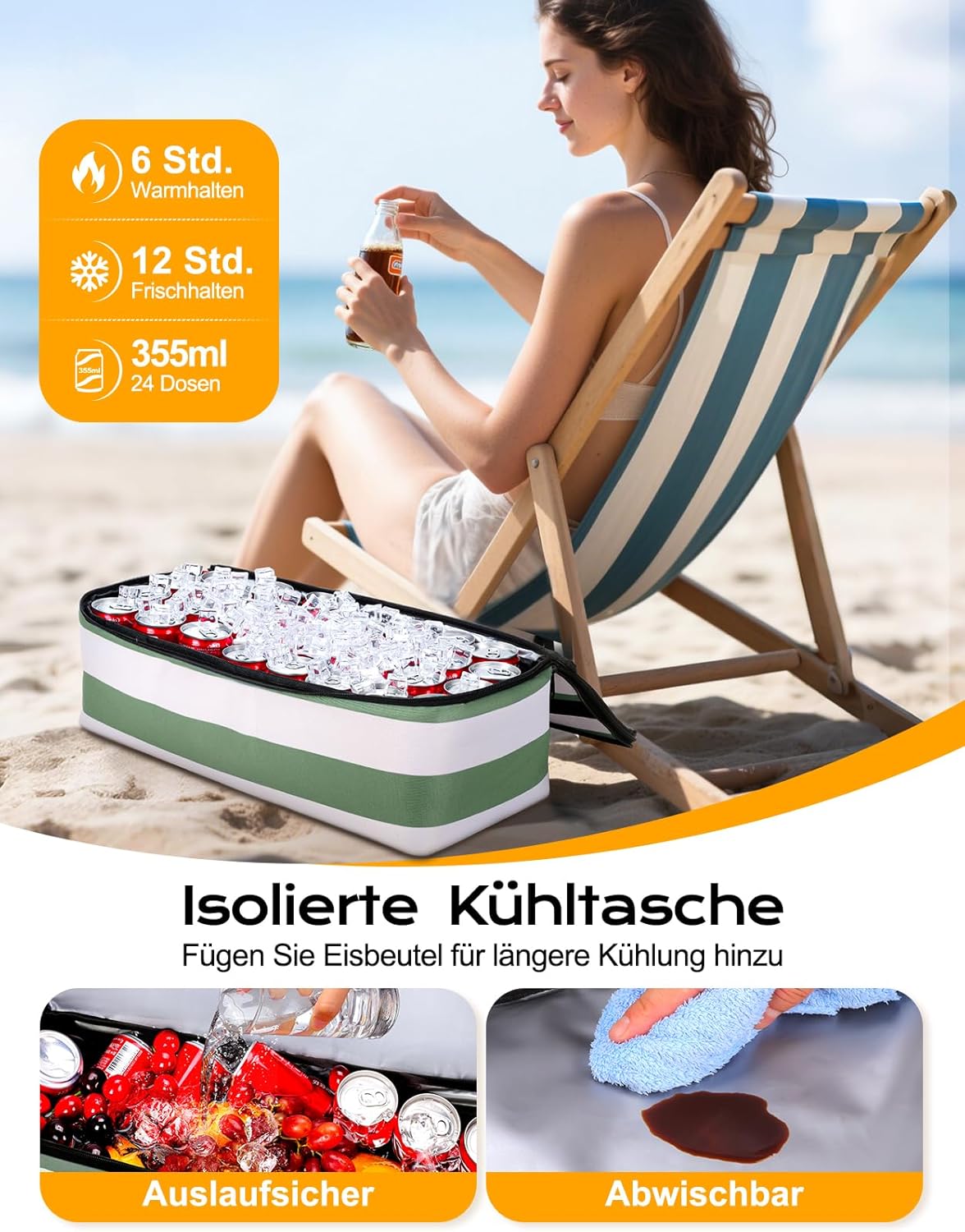 Strandtasche mit Kühl- & Nassfach, Grün Weiss