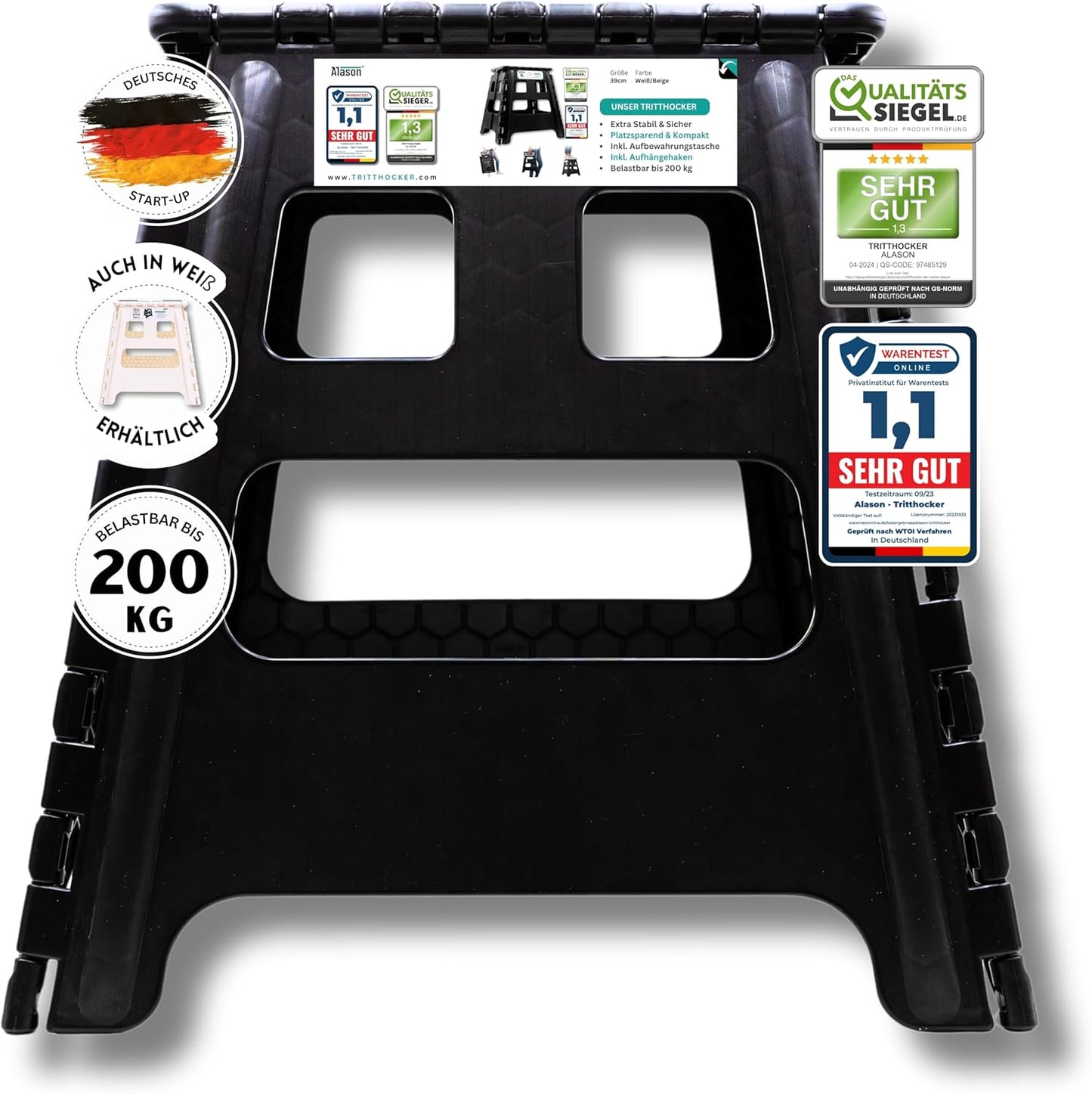 Klappbarer Tritthocker, Anthrazit/Schwarz, 39cm Hoch