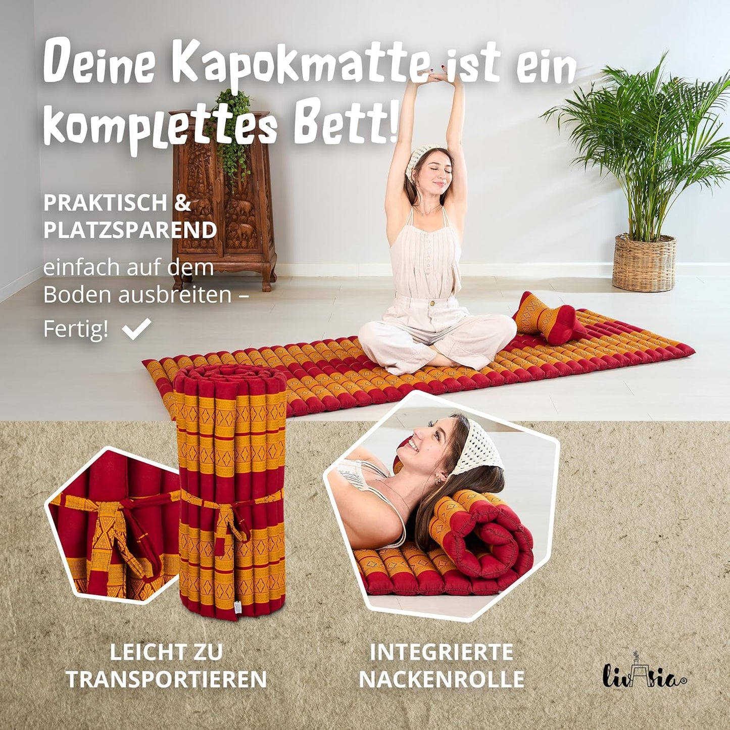 Rollmatratze für Gäste und Reisen (200 x 75 cm), M (200 x 75 cm) Rot/Gelb