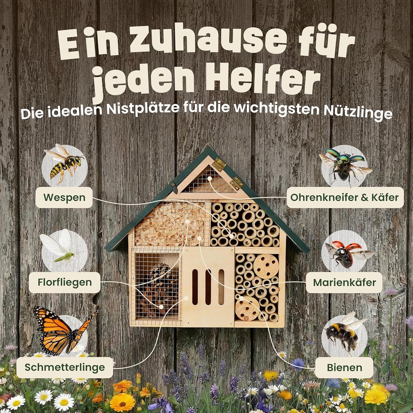 Insektenhotel XXL mit Bambus-Röhrchen (28,5 cm), Kompaktes Insektenhotel – Grünes Dach (28,5 cm)