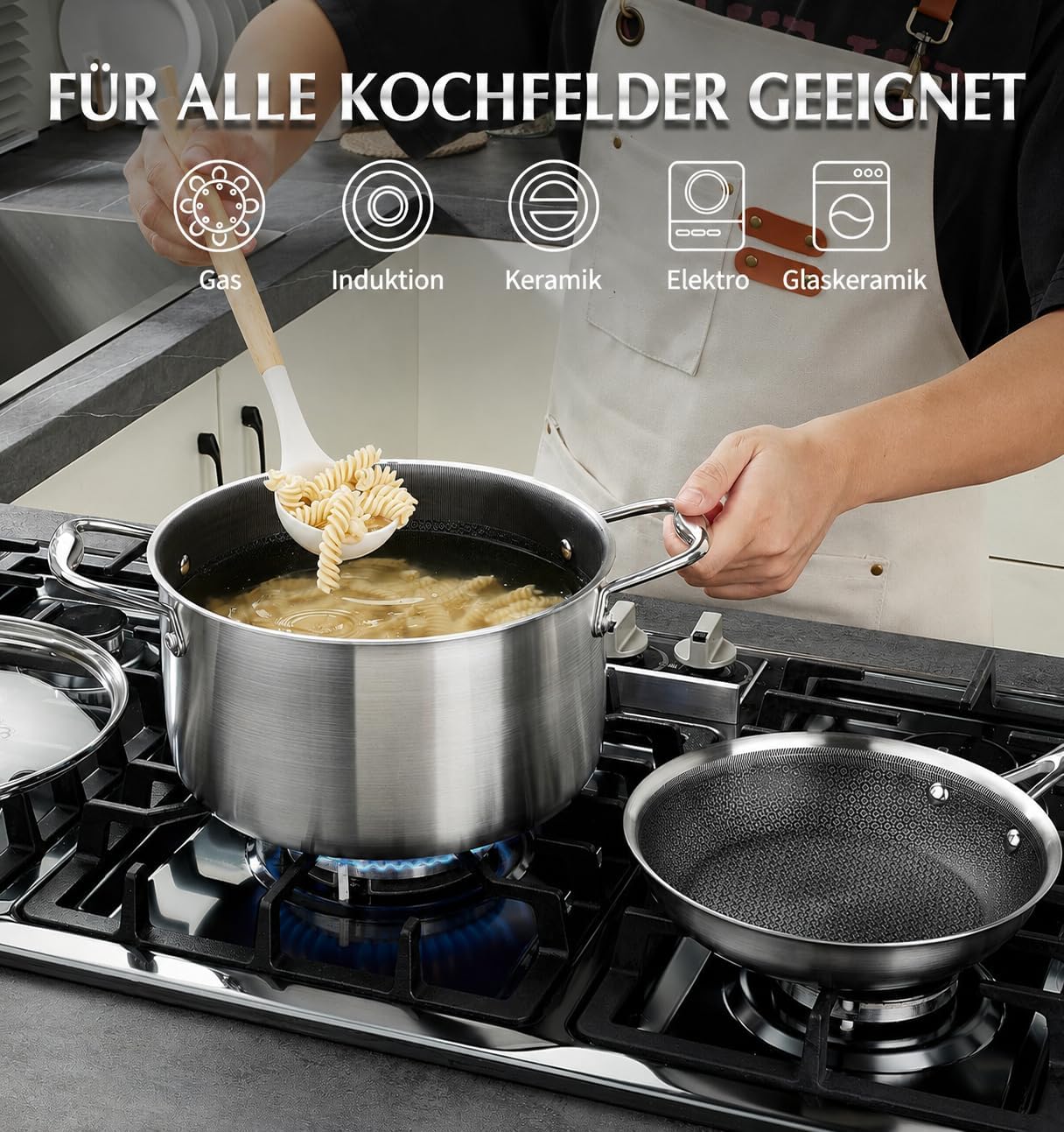 Edelstahl-Topfset mit Hybrid-Antihaftbeschichtung (6-teilig), 18cm+20cm+26cm