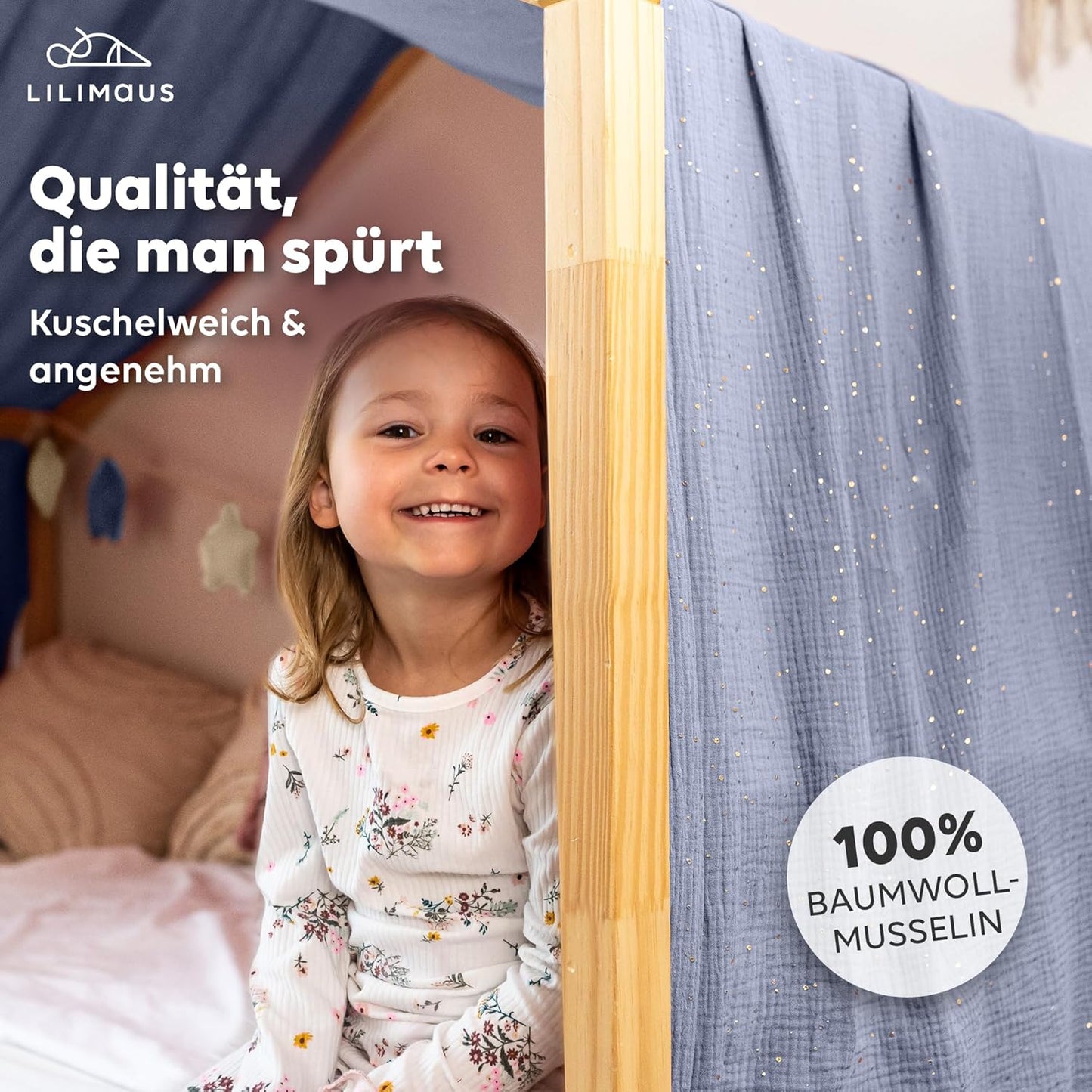 Himmel für Hausbett, Blau mit Gold 135 x 320cm