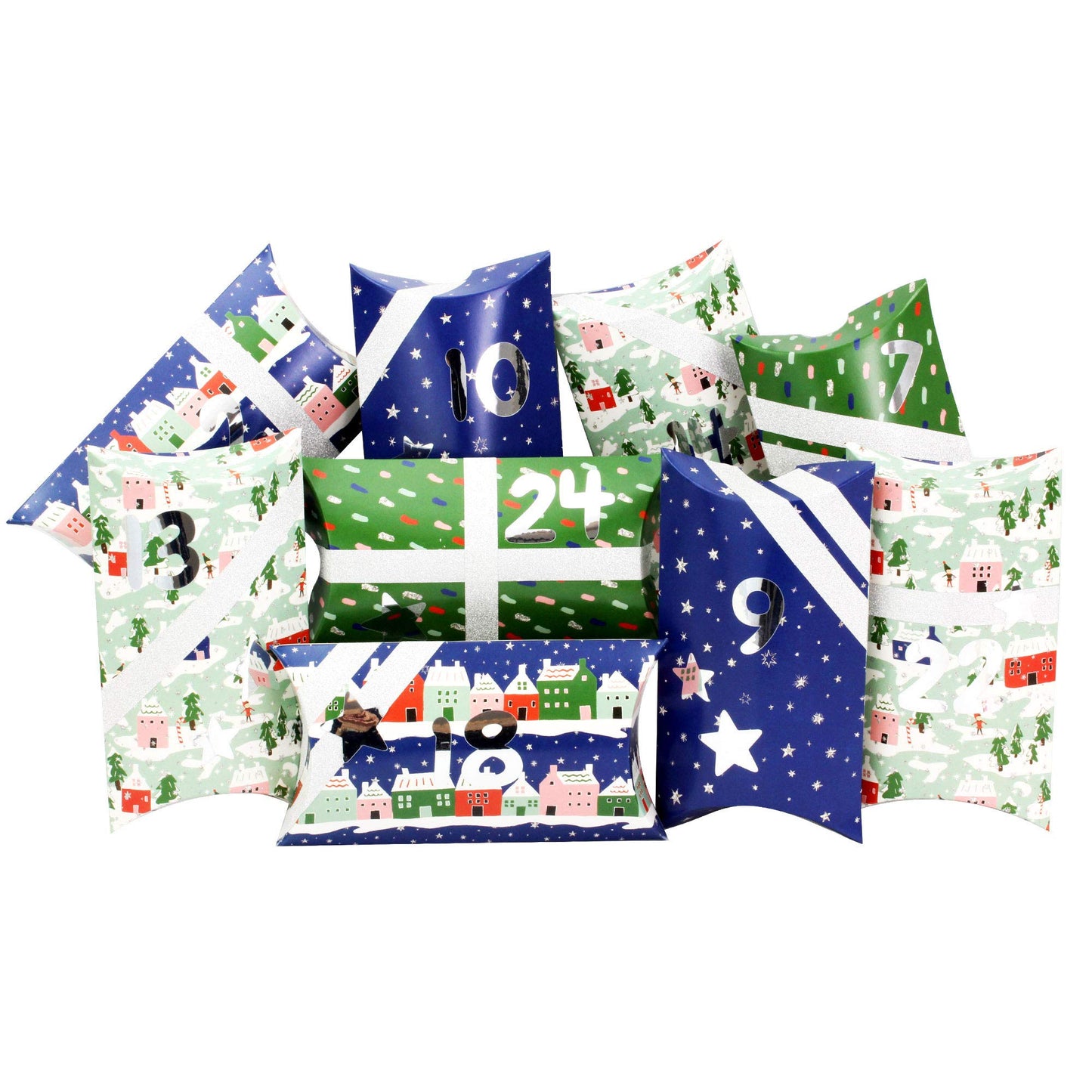 Adventskalender Pillowboxen-Set, Blue Green With House Pattern