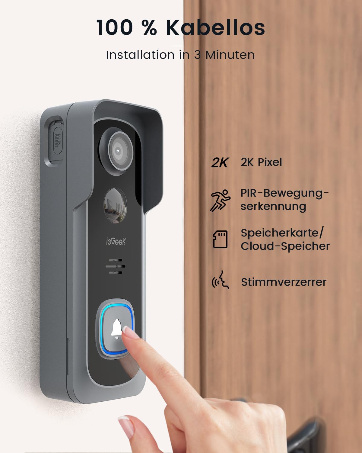 2K Video-Türklingel mit Kamera, AI Bewegungserkennung, 2,4GHz WLAN, Grau