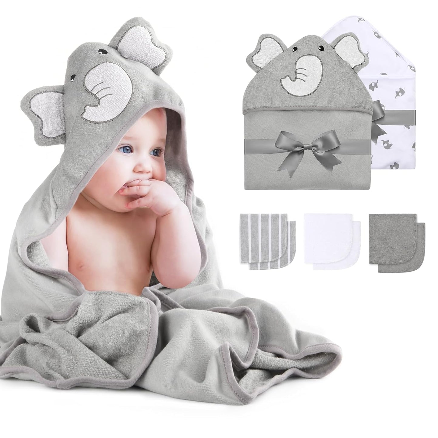 8-teiliges Baby Badetuch-Set mit Kapuze und Elefantmotiv, Grau