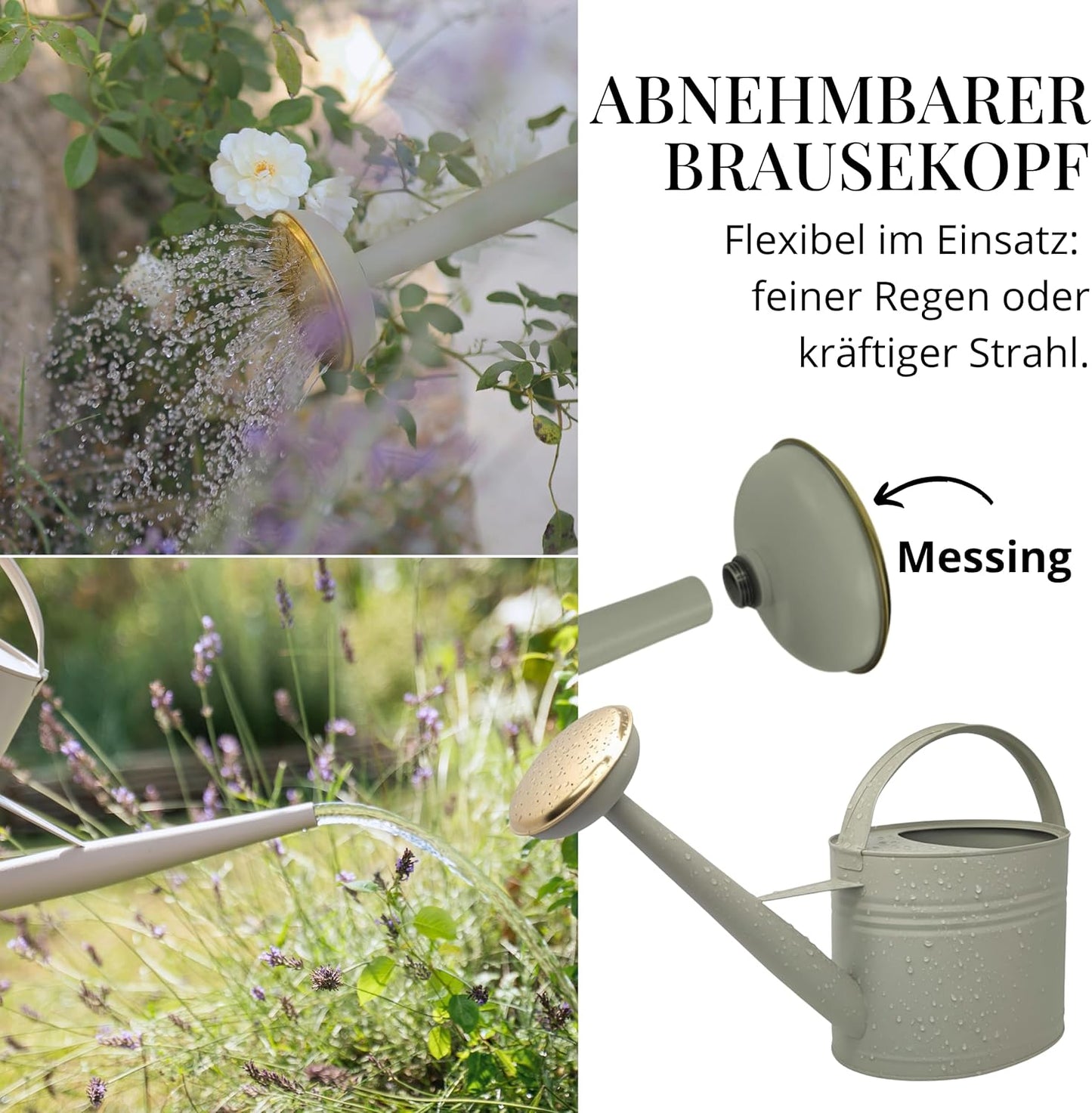 Giesskanne aus Metall mit abnehmbarer Brause (5L), Moosgrau