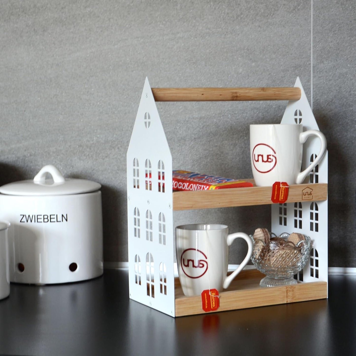 Haus Etagere mit 2 Etagen und Griff, Weiß Klein