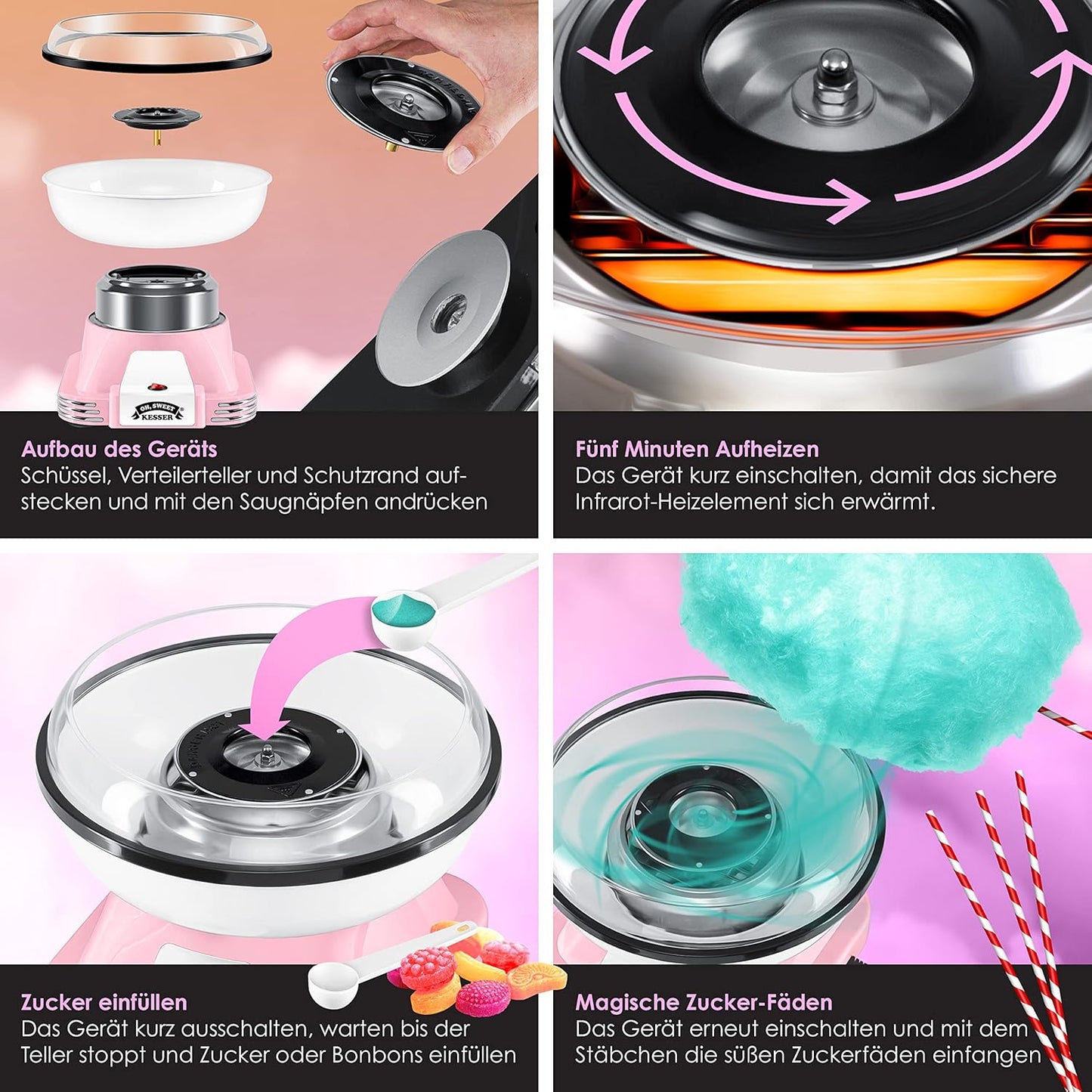 Zuckerwattemaschine Set mit Zubehör, Rosa / Weiß