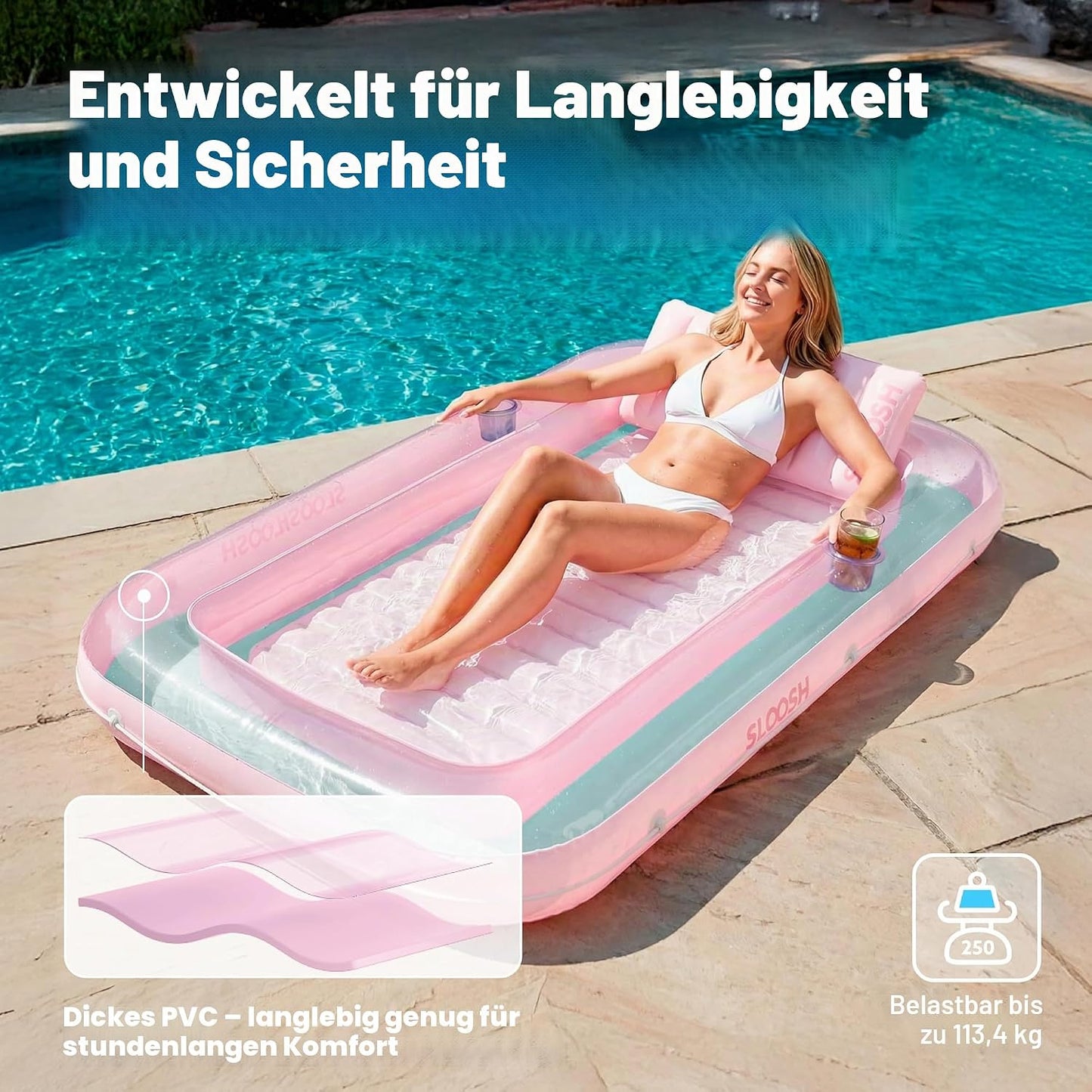 Aufblasbarer Sonnenpool mit abnehmbarem Kissen und Getränkehalter, Cyan-Pink L