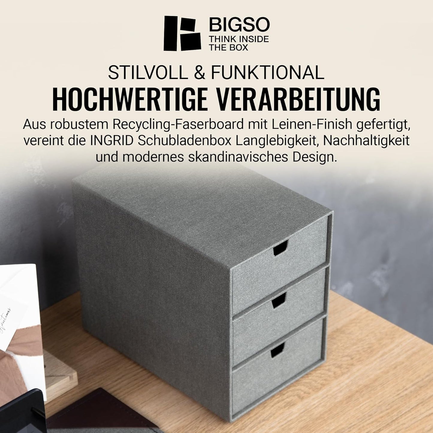 Ingrid Schubladenbox mit 3 Fächern, Dunkelgrau Leinenoptik
