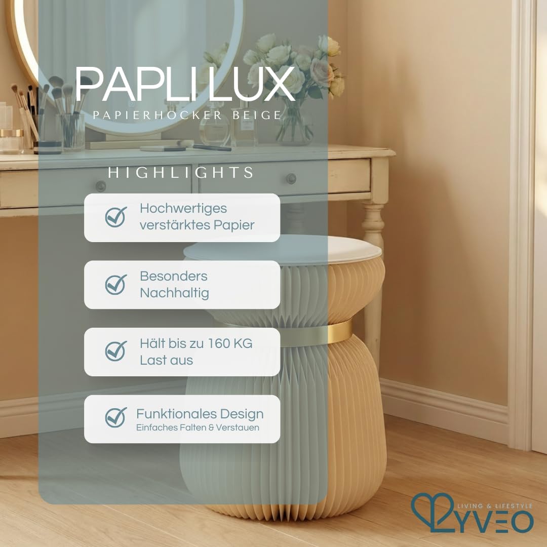 Papierhocker Papli Lux mit 180 Lamellen, Beige mit Goldenem Band