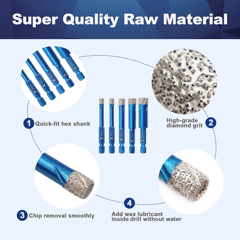 Diamant-Fliesenbohrer Set, 1 1/4"+1/4"+5/16"+3/8"+ 1/2"