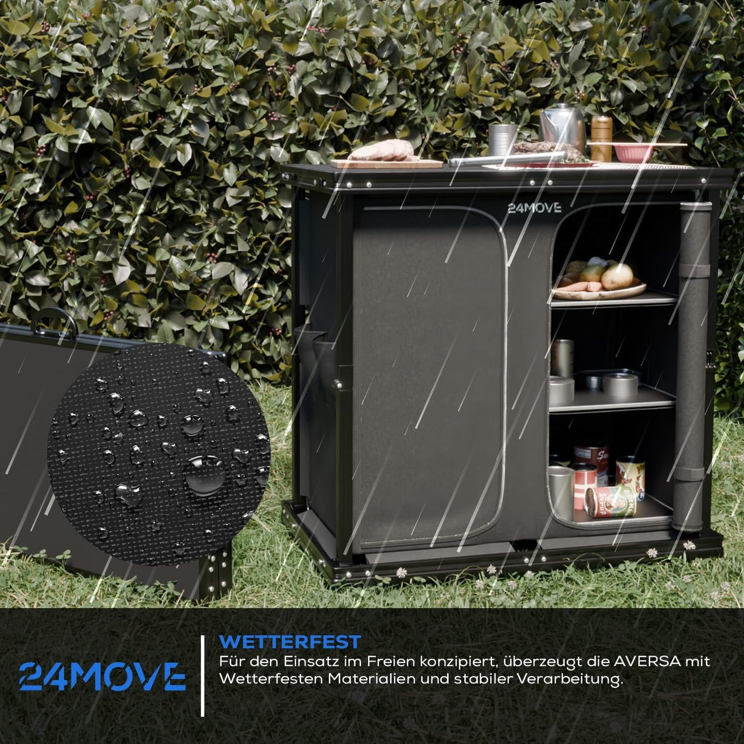 Faltbare Campingküche mit höhenverstellbarem Schrank, 84x50x80 Aversa Schwarz