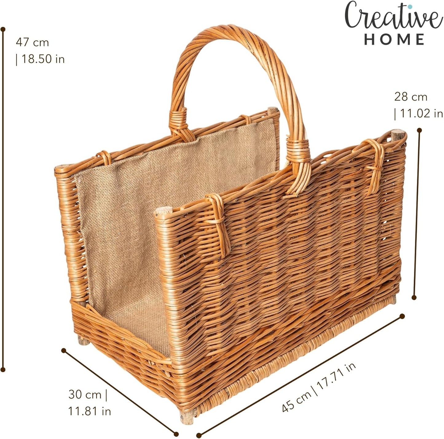 Kaminkorb aus Rattan für Kaminholz, mit Jute 45 x 30 x 47 cm Braun