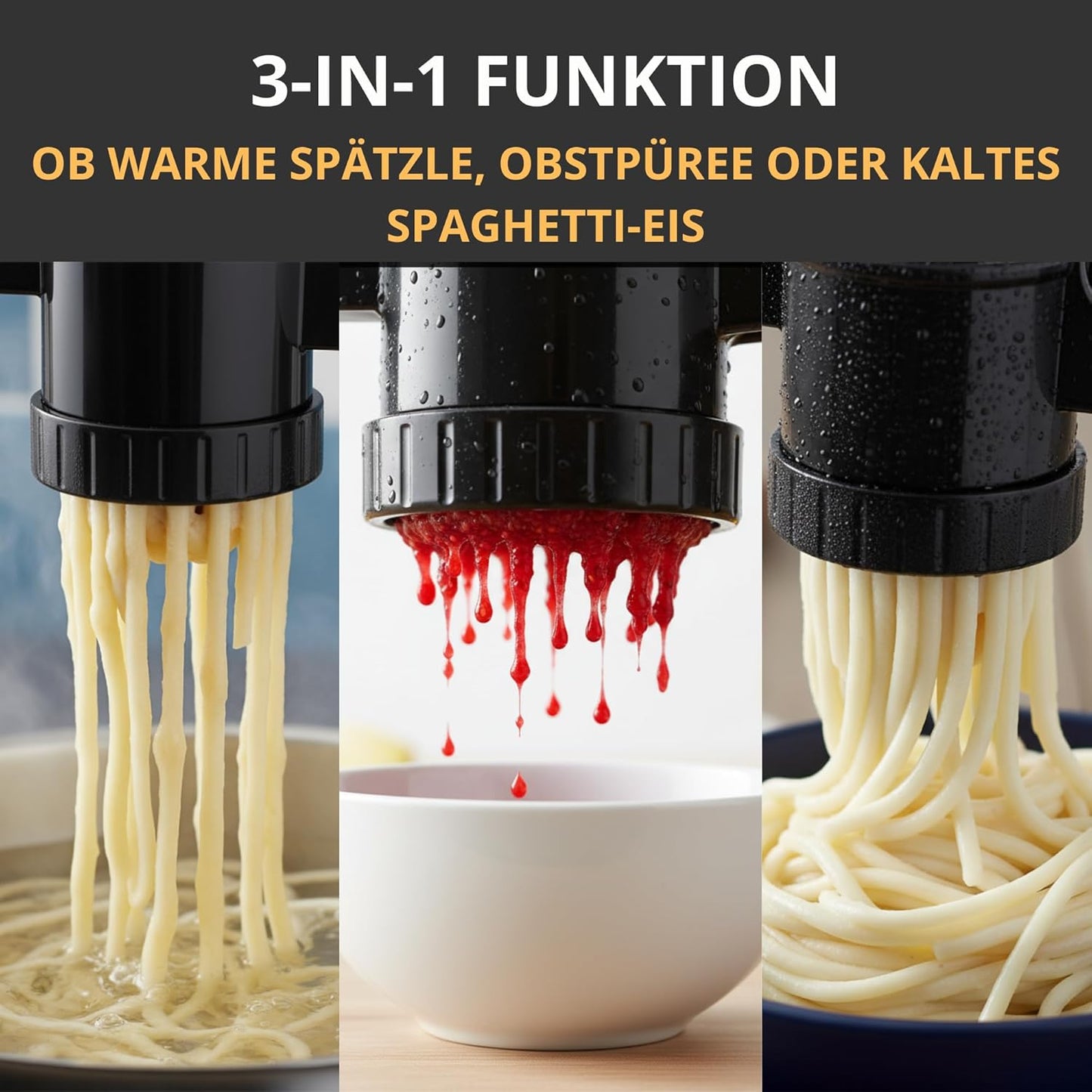 Spätzle- und Kartoffelpresse mit 3 Einsätzen, Spätzle & Kartoffelpüree