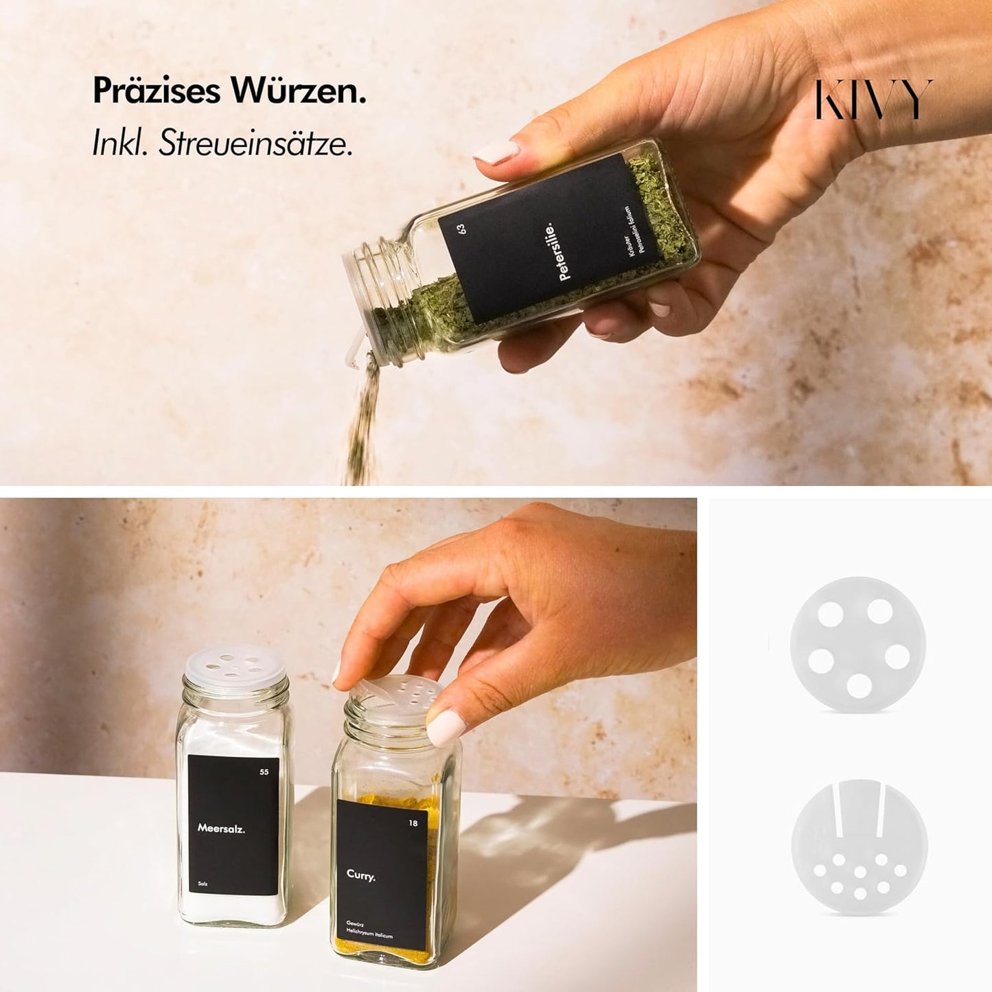 Gewürzgläser mit Streueinsatz (24x 120ml) + Labels, Gewürzgläser Schwarz Bambusdeckel